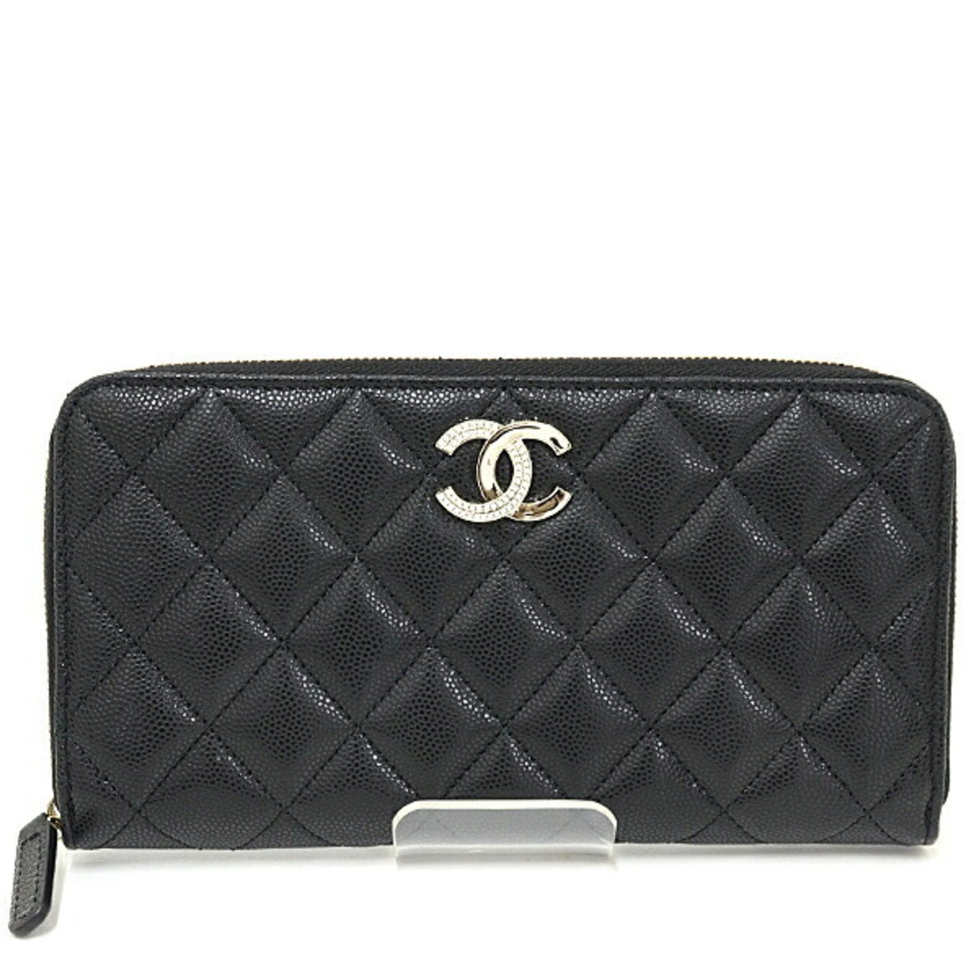 Chanel Long Zip Wallet Caviar Skin Black Quilted Coco Mark