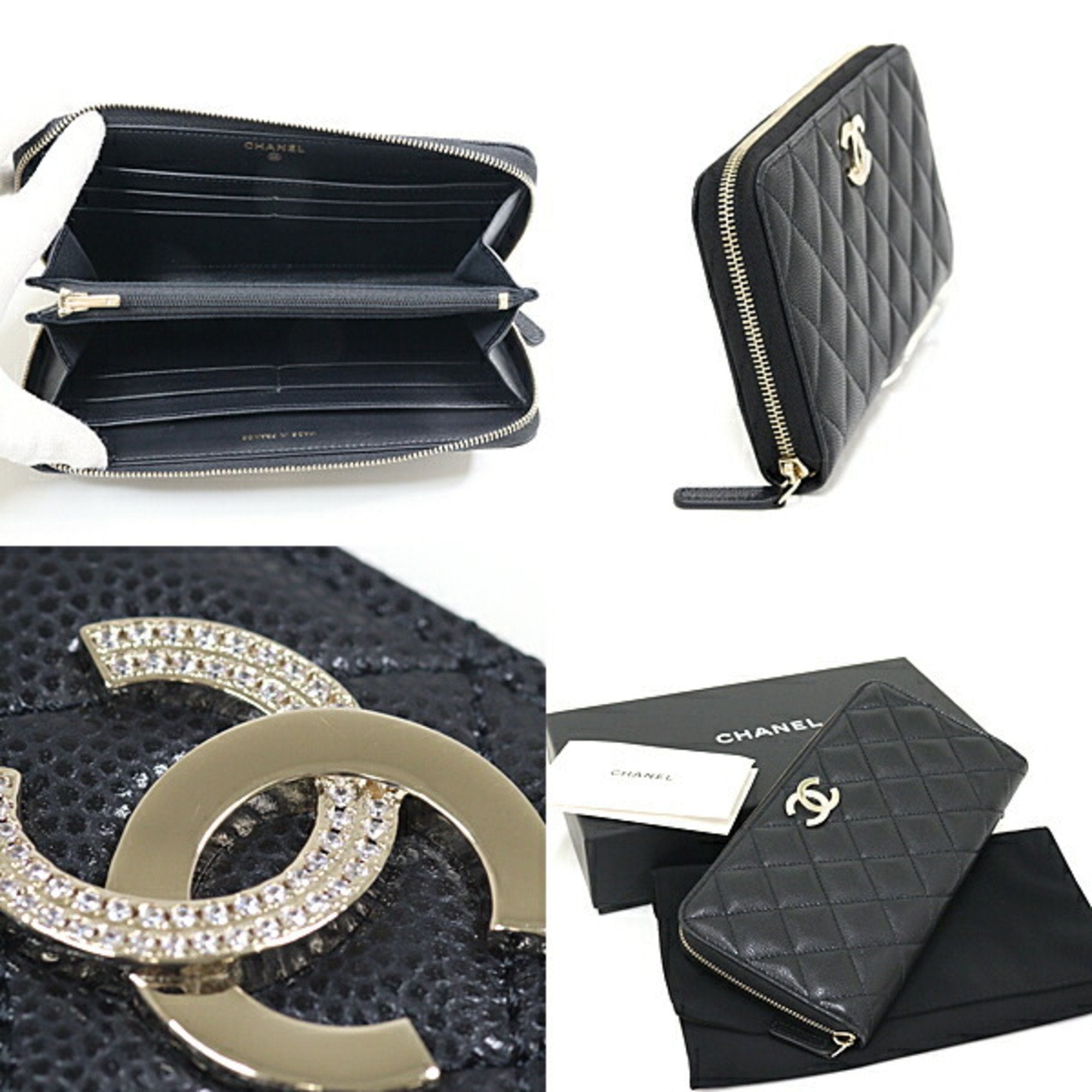 Chanel Long Zip Wallet Caviar Skin Black Quilted Coco Mark