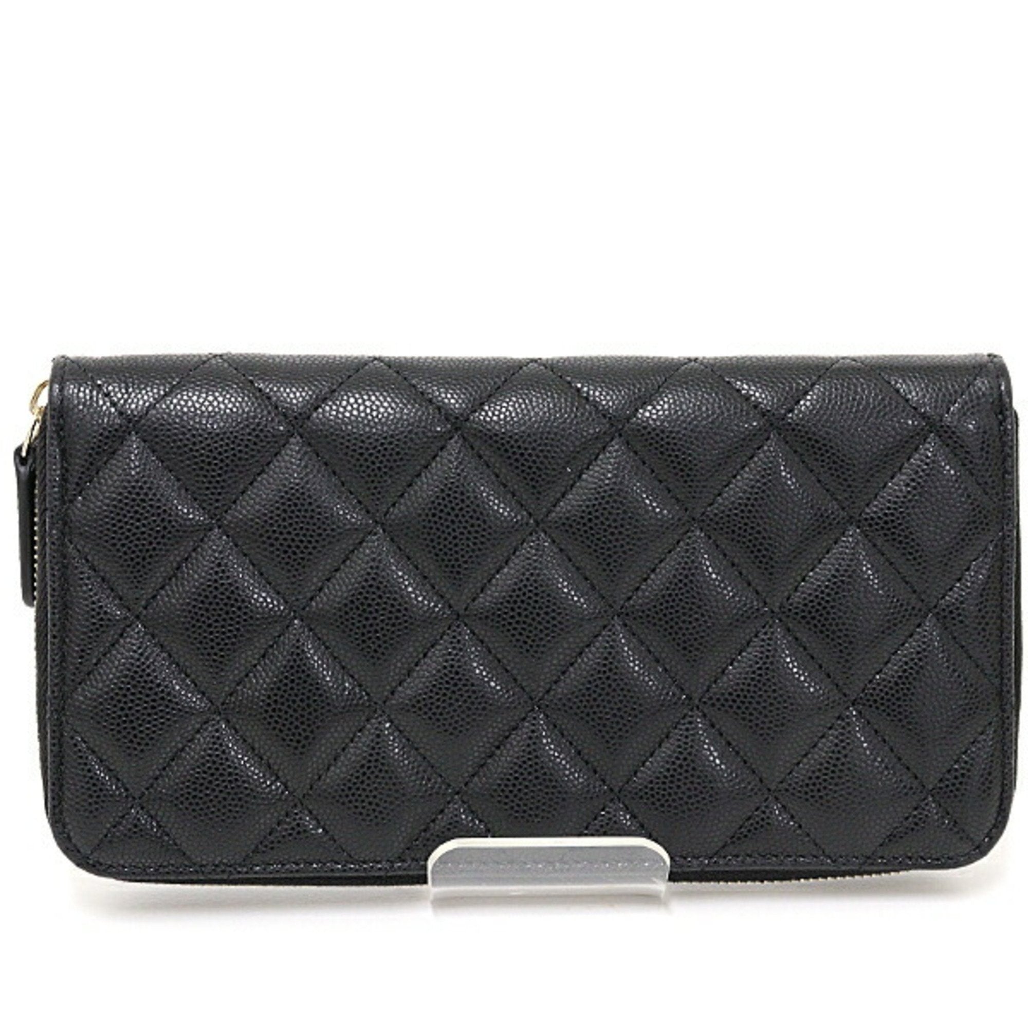 Chanel Long Zip Wallet Caviar Skin Black Quilted Coco Mark