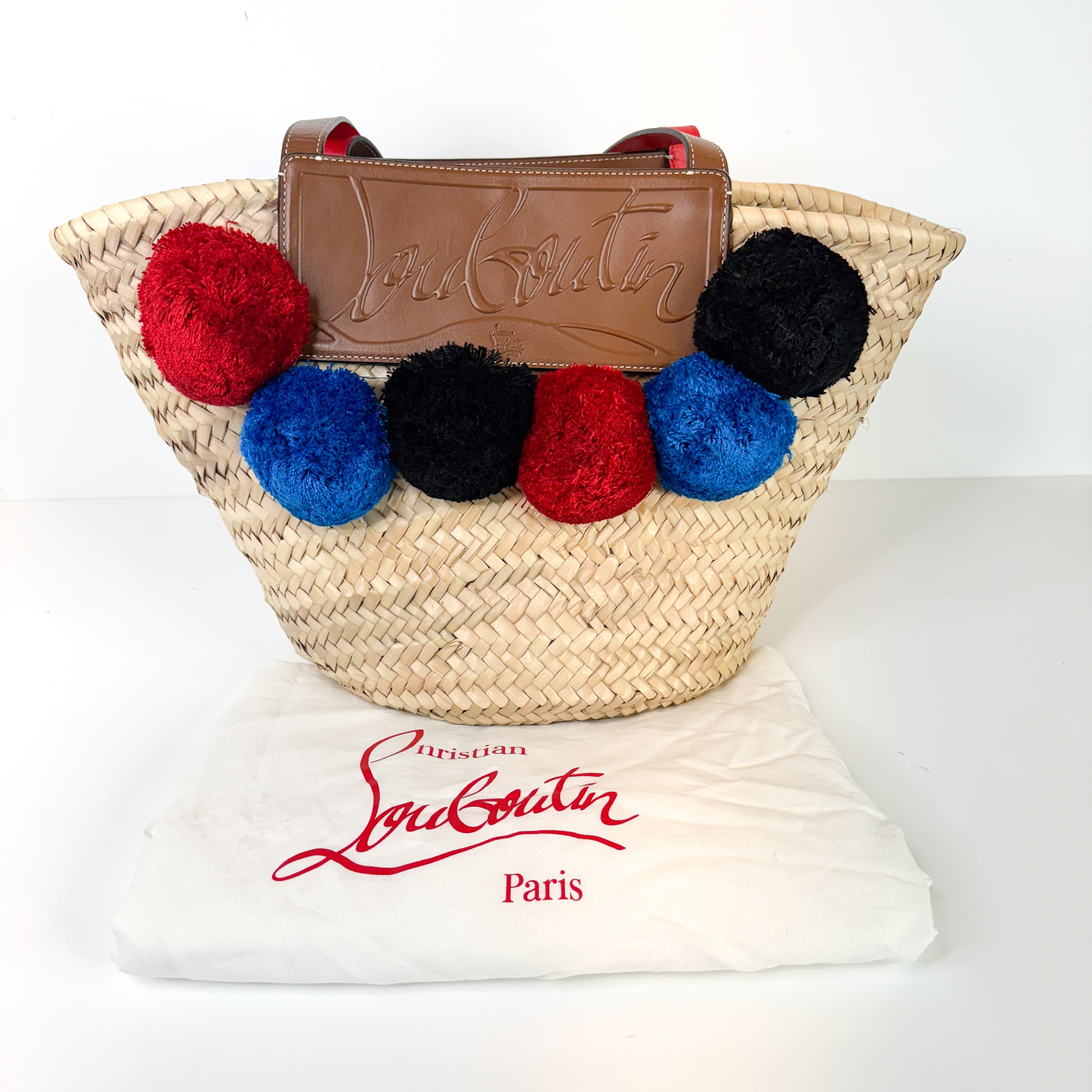 Pre-Owned Authentic Louboutin Raffia Loubishore Tan/Natural Straw Palm Pompom Basket Bag