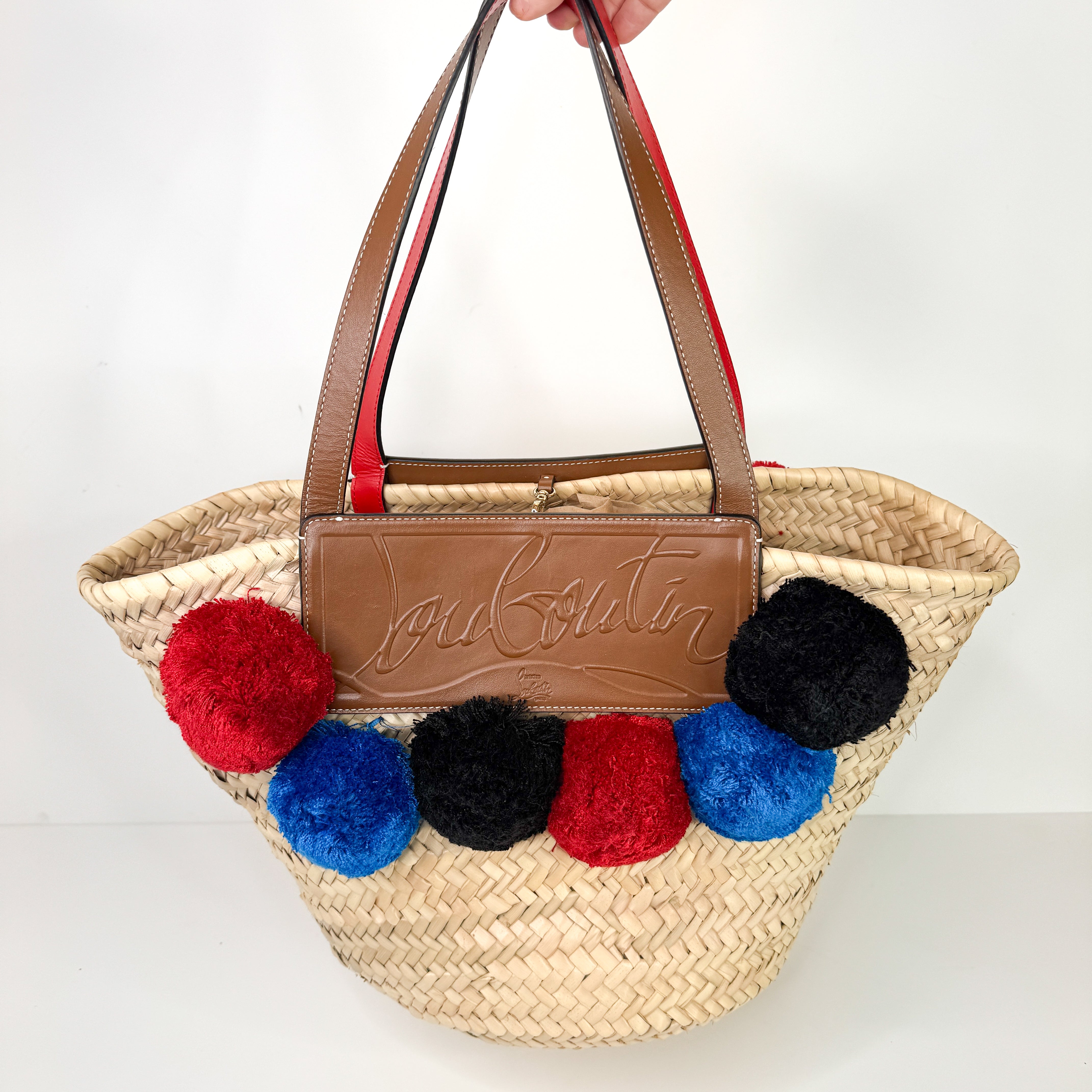 Pre-Owned Authentic Louboutin Raffia Loubishore Tan/Natural Straw Palm Pompom Basket Bag