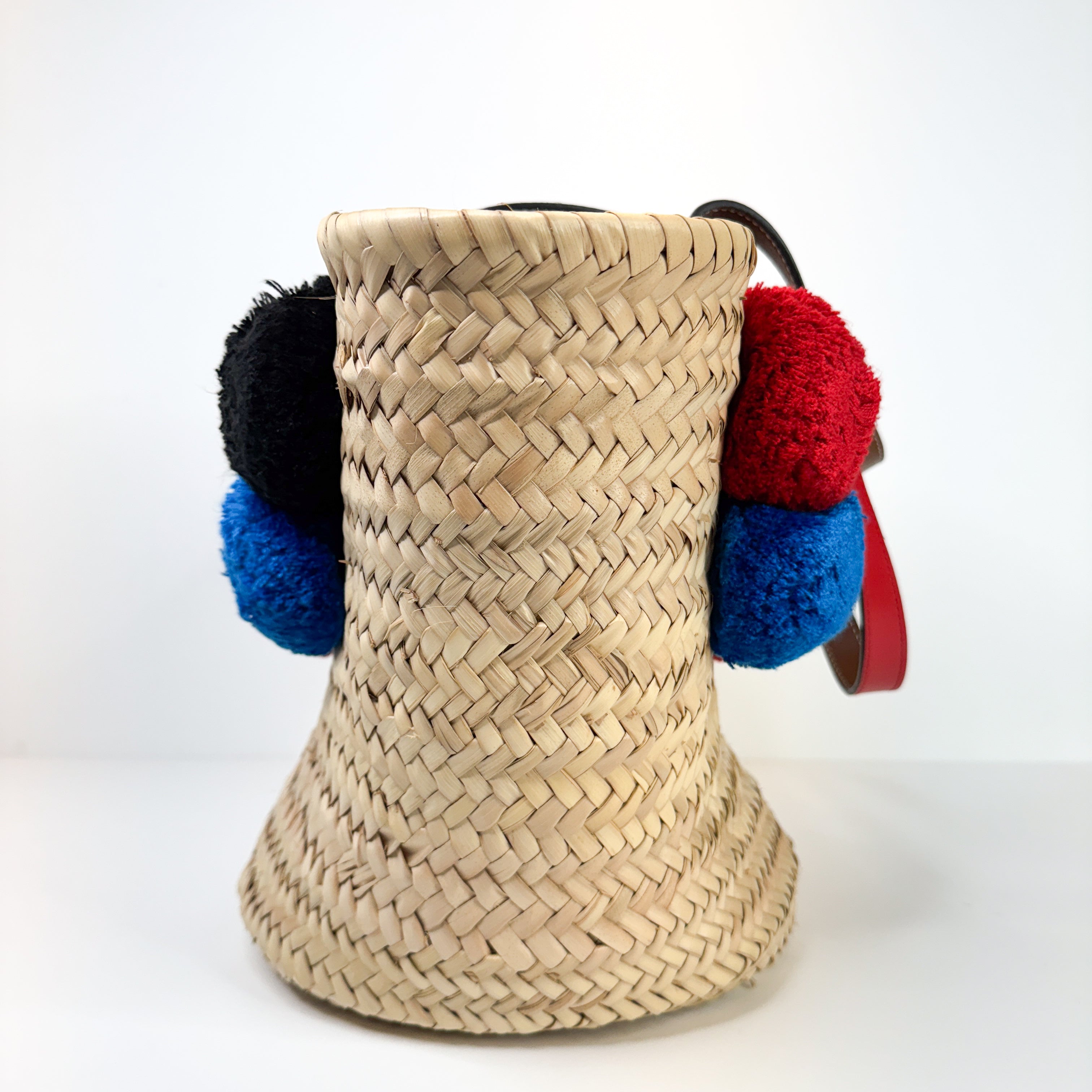 Pre-Owned Authentic Louboutin Raffia Loubishore Tan/Natural Straw Palm Pompom Basket Bag