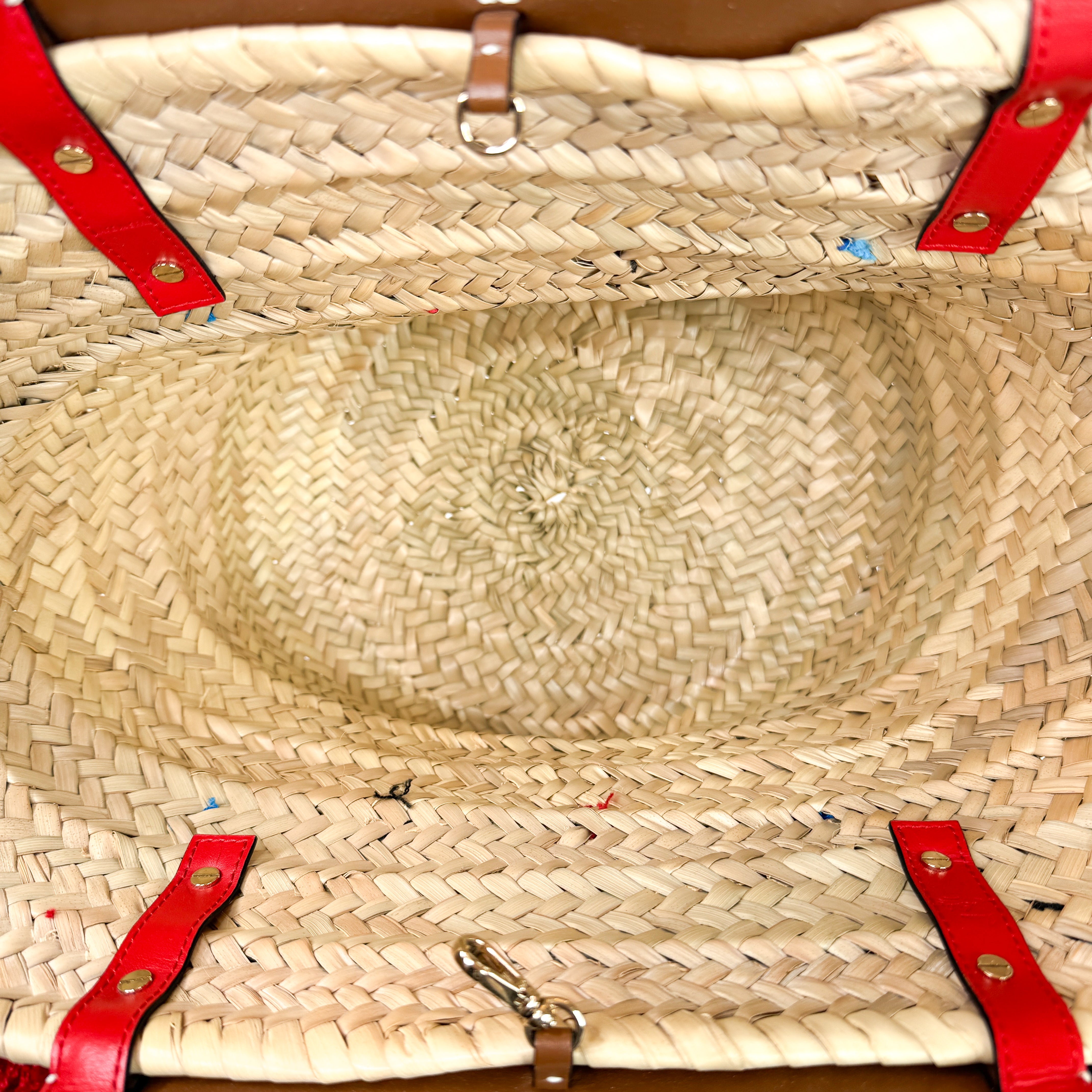 Pre-Owned Authentic Louboutin Raffia Loubishore Tan/Natural Straw Palm Pompom Basket Bag