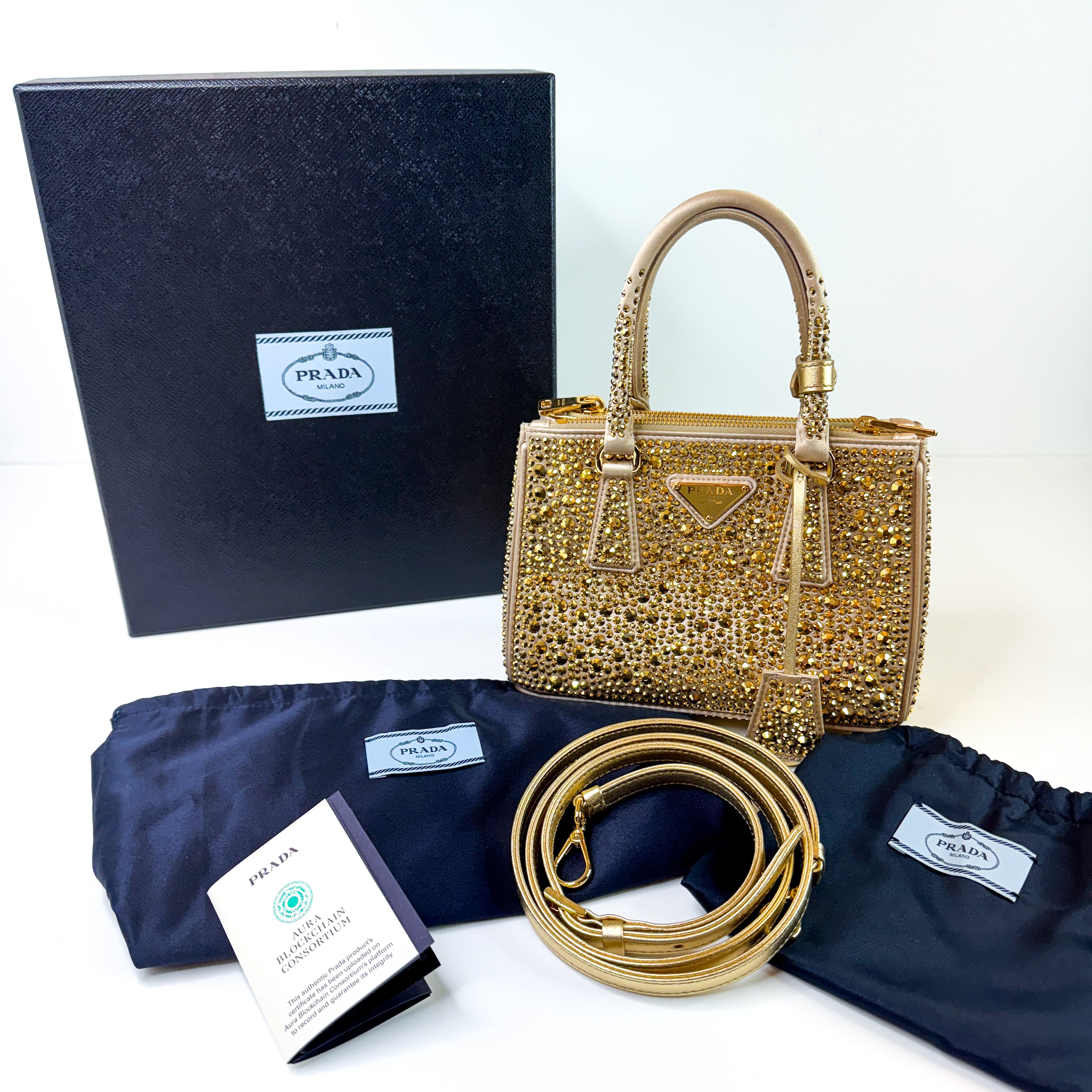 Pre-Owned Authentic Prada Galleria Satin Mini Gold Crossbody Bag with Crystals