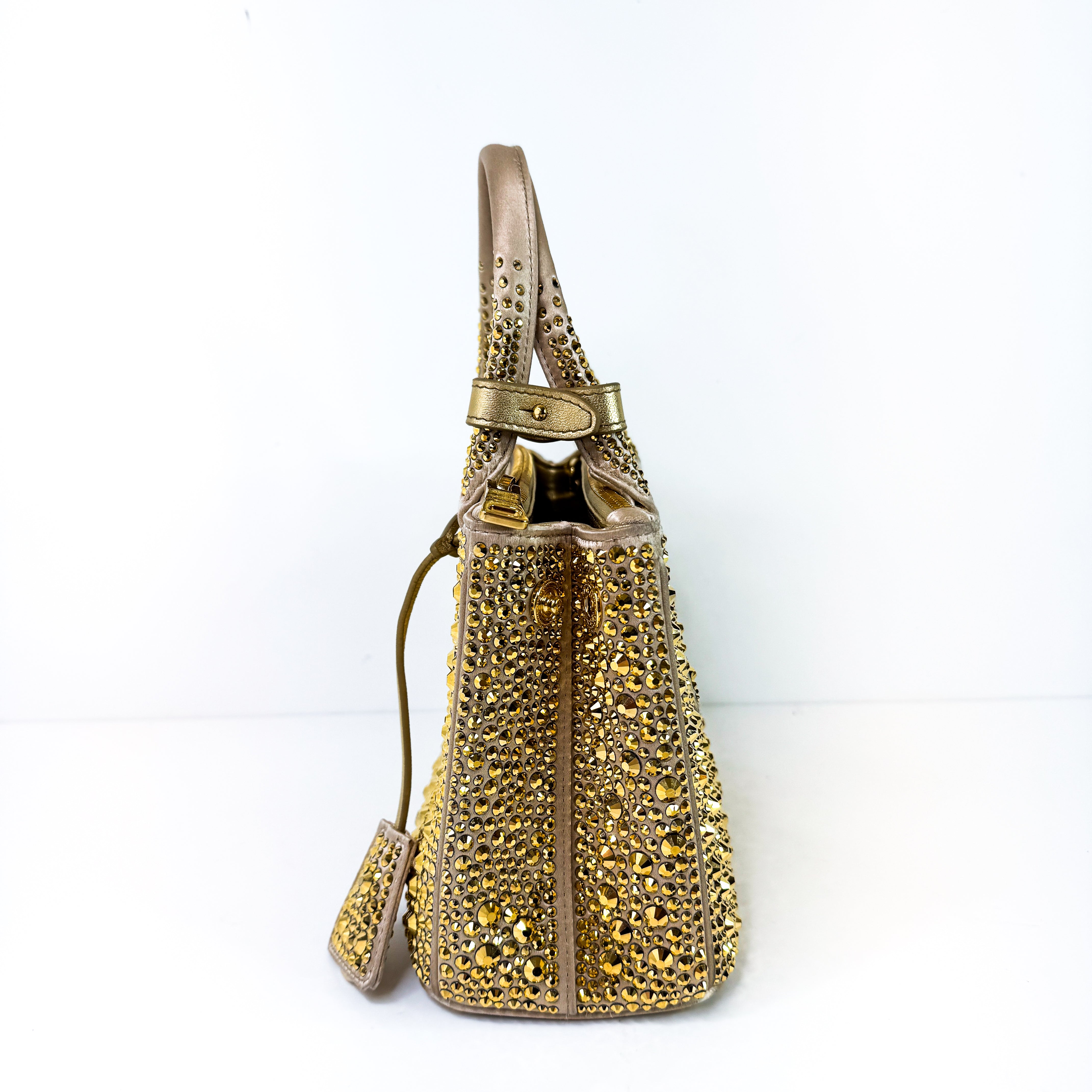 Pre-Owned Authentic Prada Galleria Satin Mini Gold Crossbody Bag with Crystals