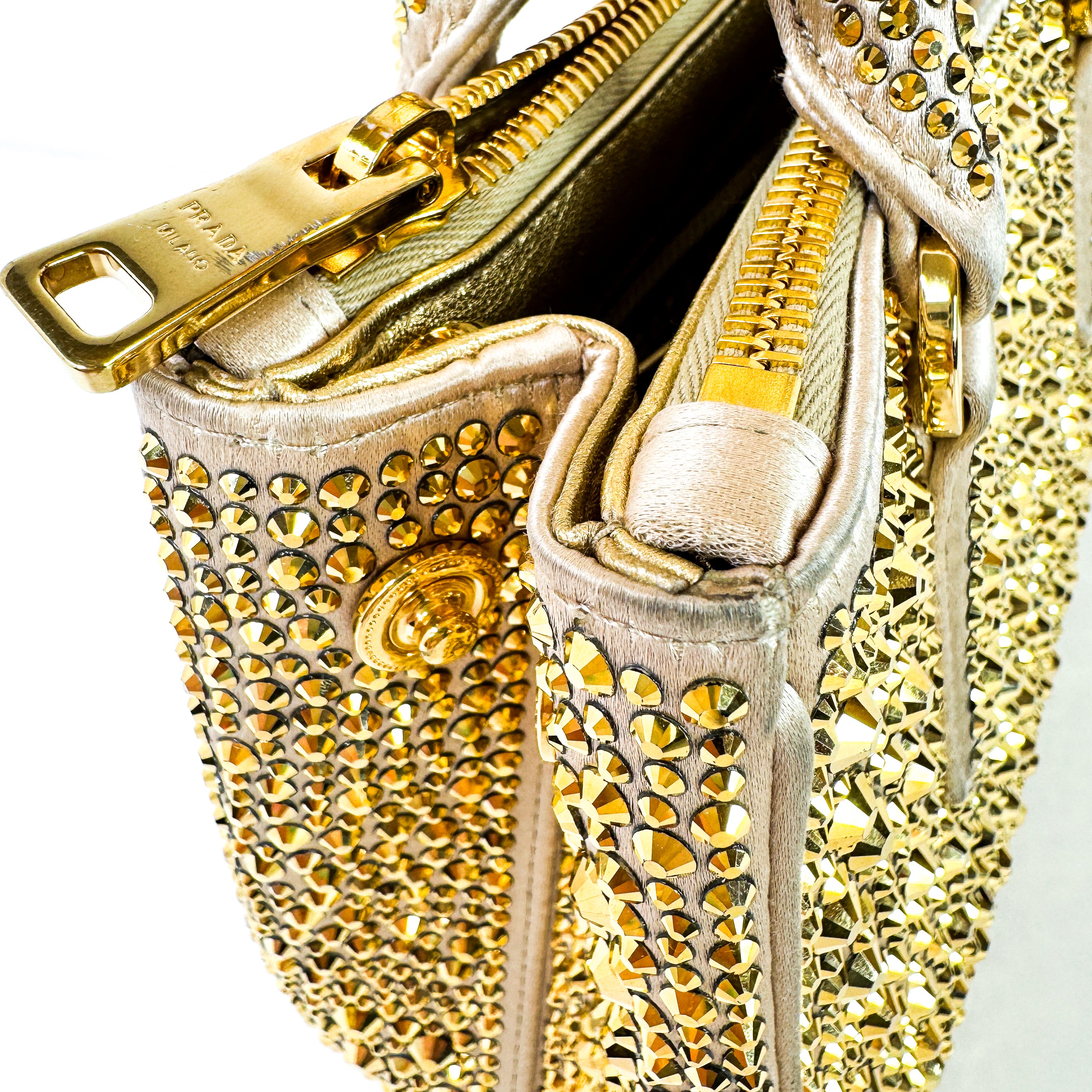 Pre-Owned Authentic Prada Galleria Satin Mini Gold Crossbody Bag with Crystals