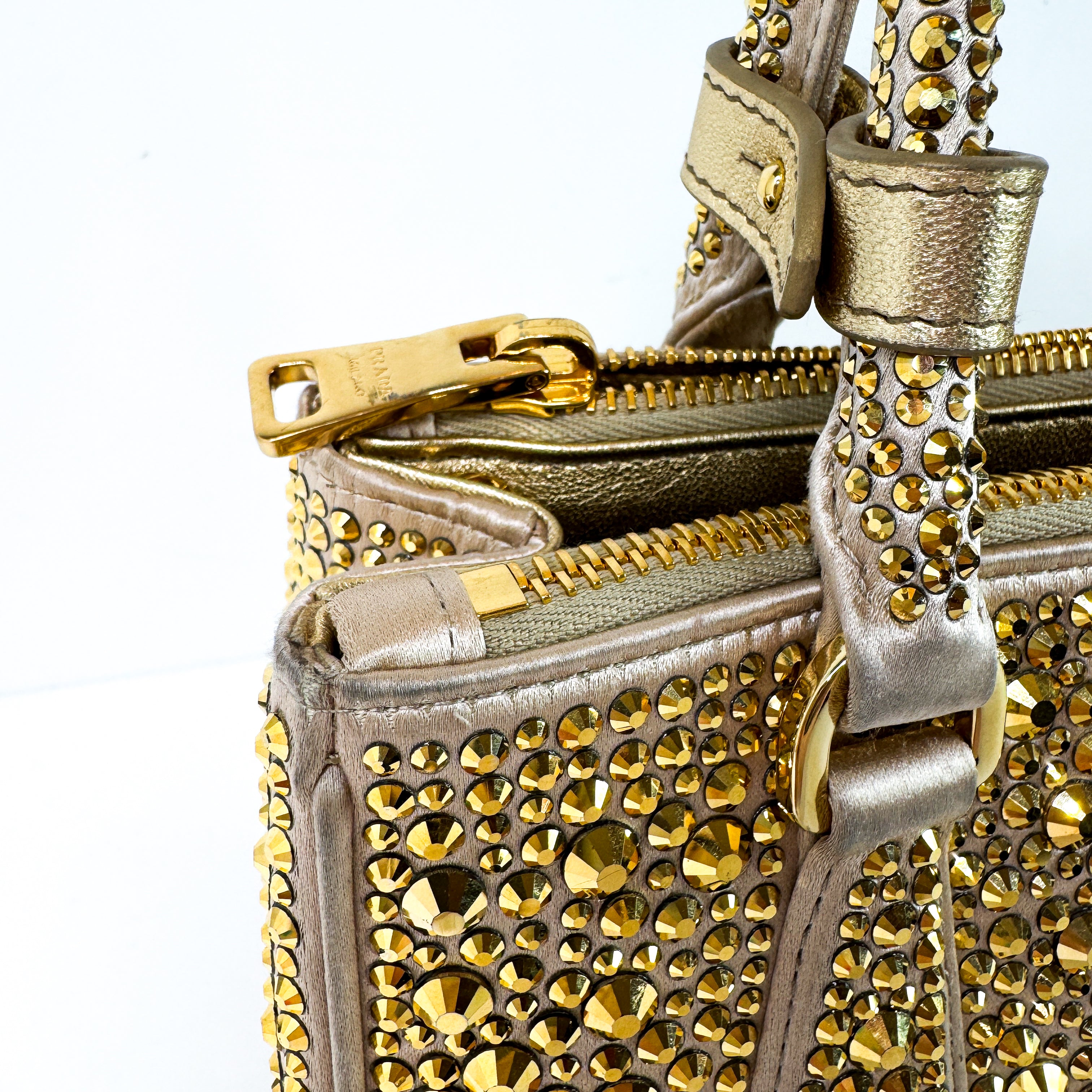 Pre-Owned Authentic Prada Galleria Satin Mini Gold Crossbody Bag with Crystals