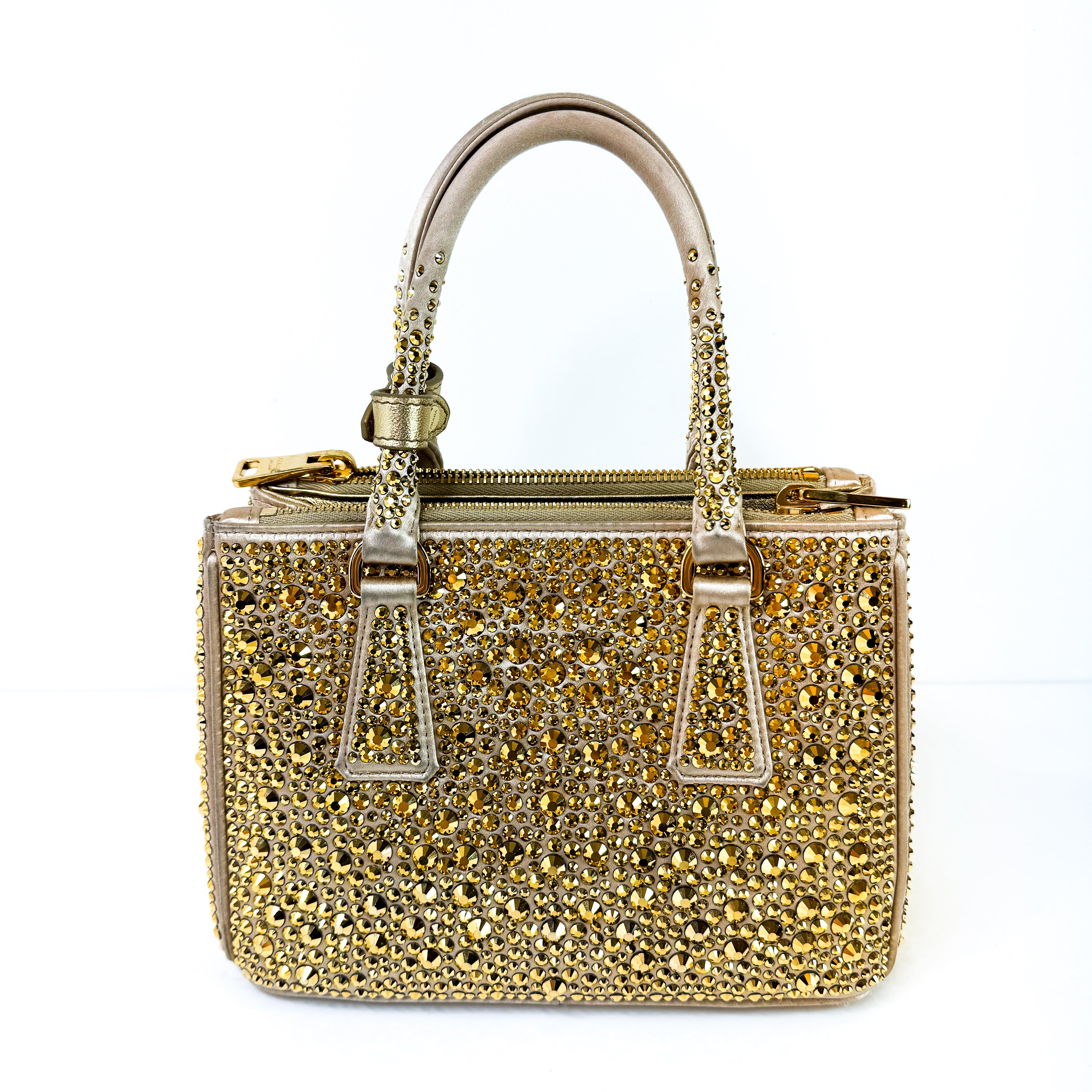 Pre-Owned Authentic Prada Galleria Satin Mini Gold Crossbody Bag with Crystals