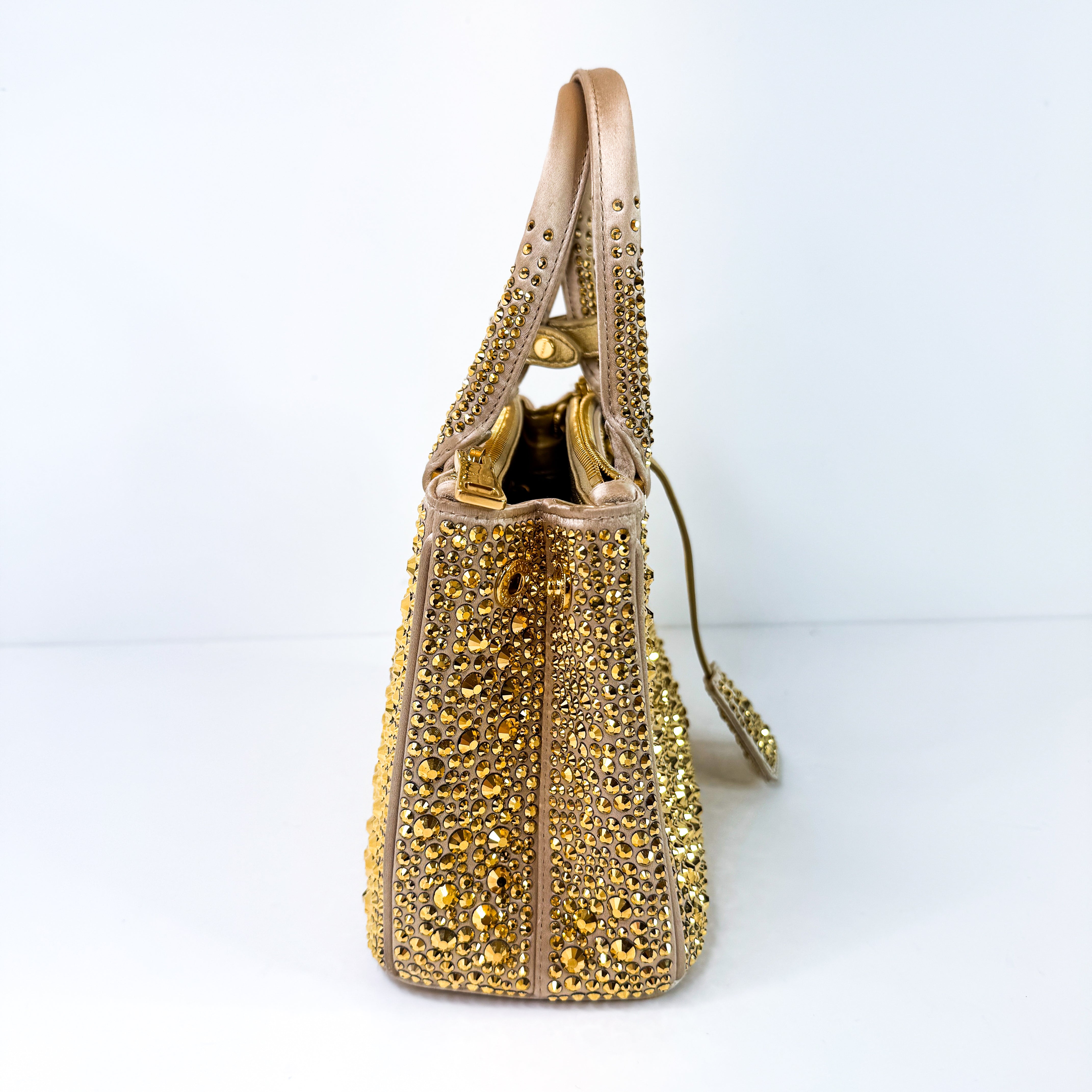 Pre-Owned Authentic Prada Galleria Satin Mini Gold Crossbody Bag with Crystals