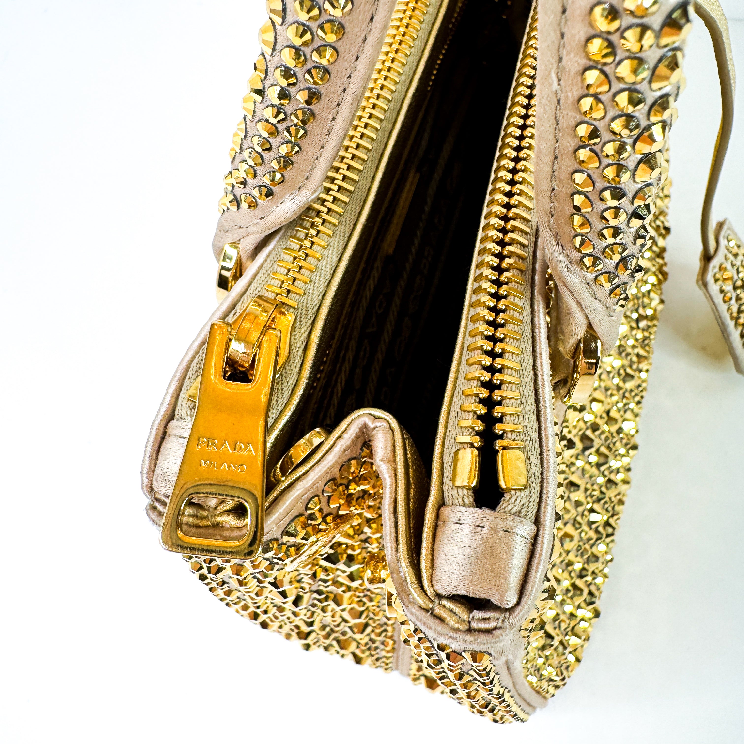 Pre-Owned Authentic Prada Galleria Satin Mini Gold Crossbody Bag with Crystals