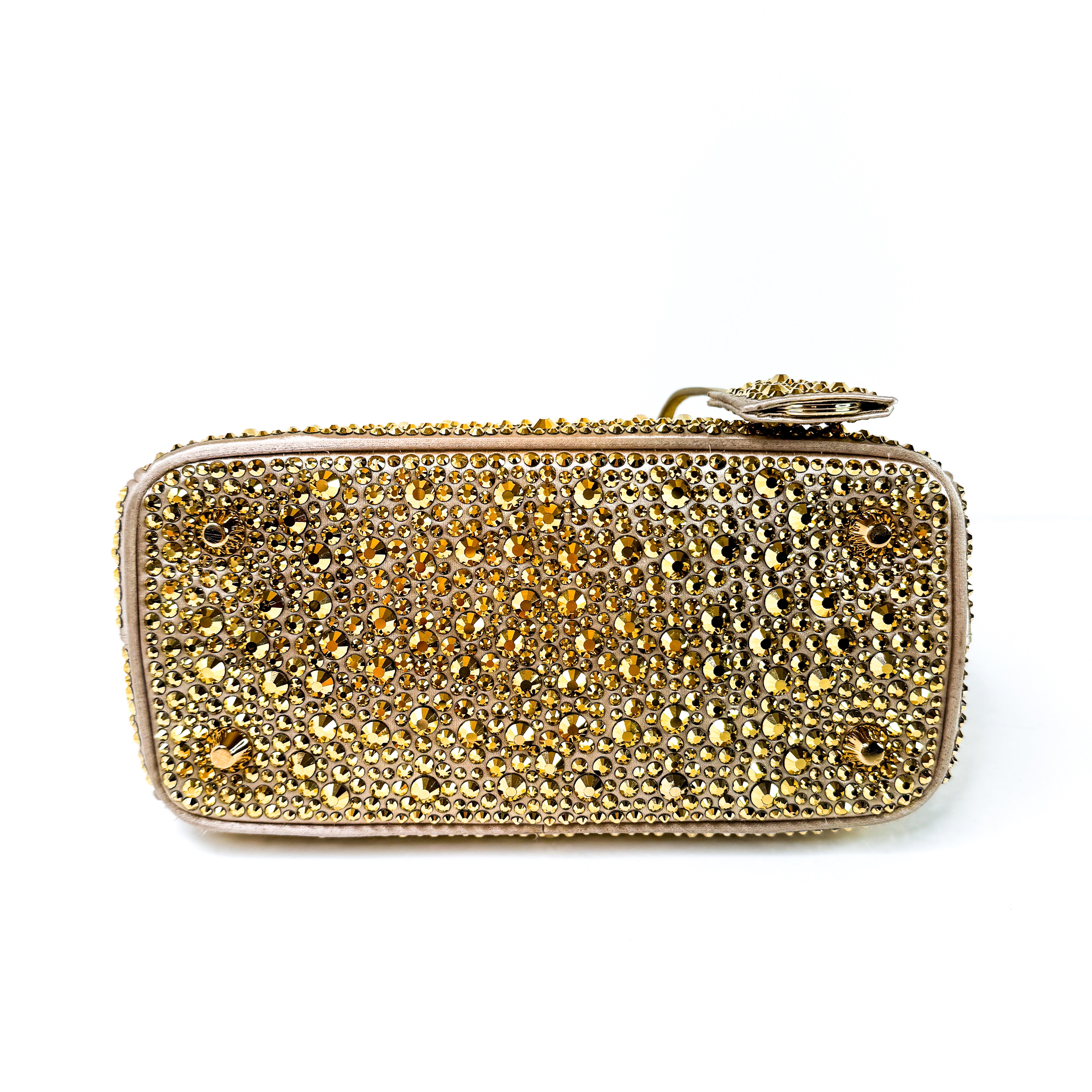 Pre-Owned Authentic Prada Galleria Satin Mini Gold Crossbody Bag with Crystals