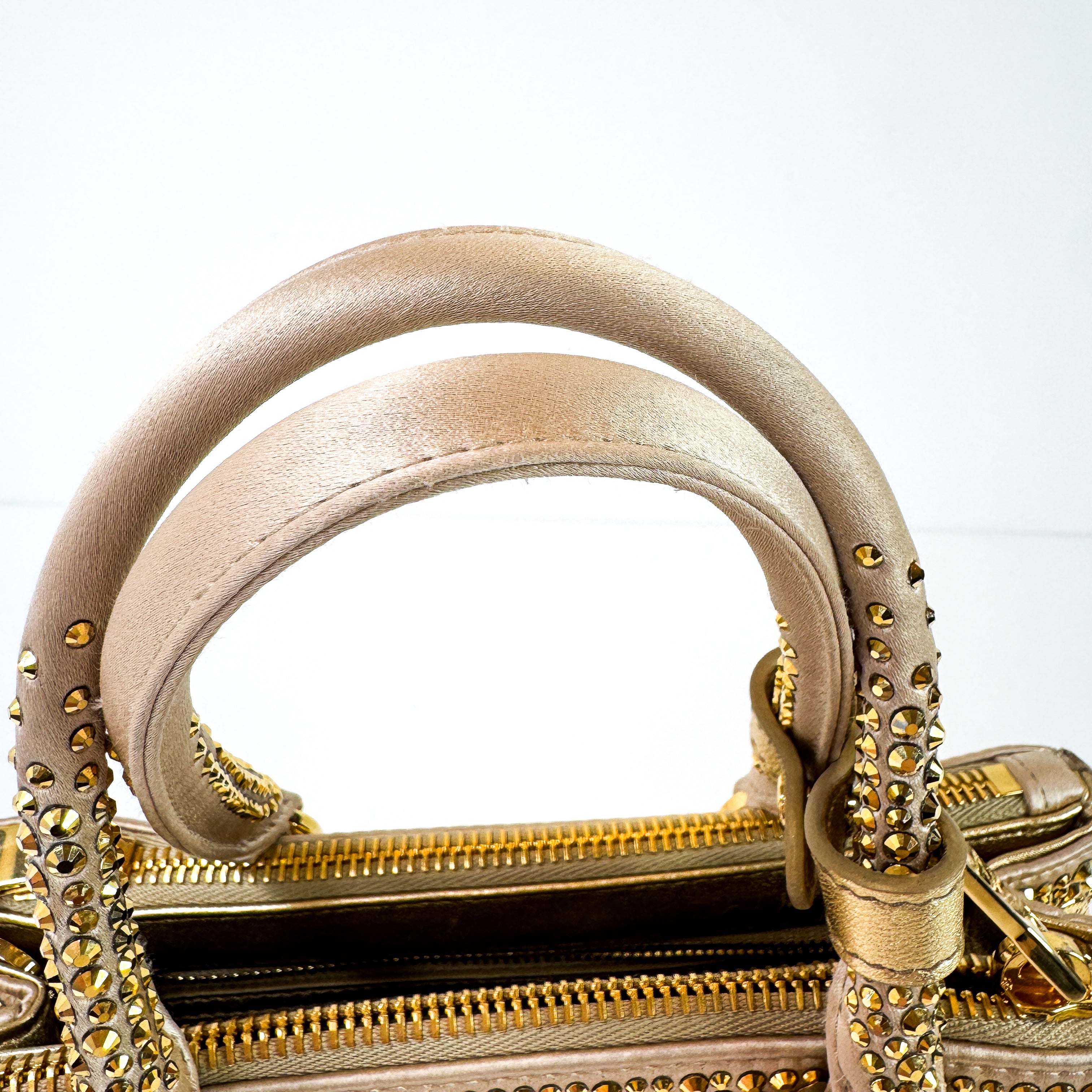 Pre-Owned Authentic Prada Galleria Satin Mini Gold Crossbody Bag with Crystals