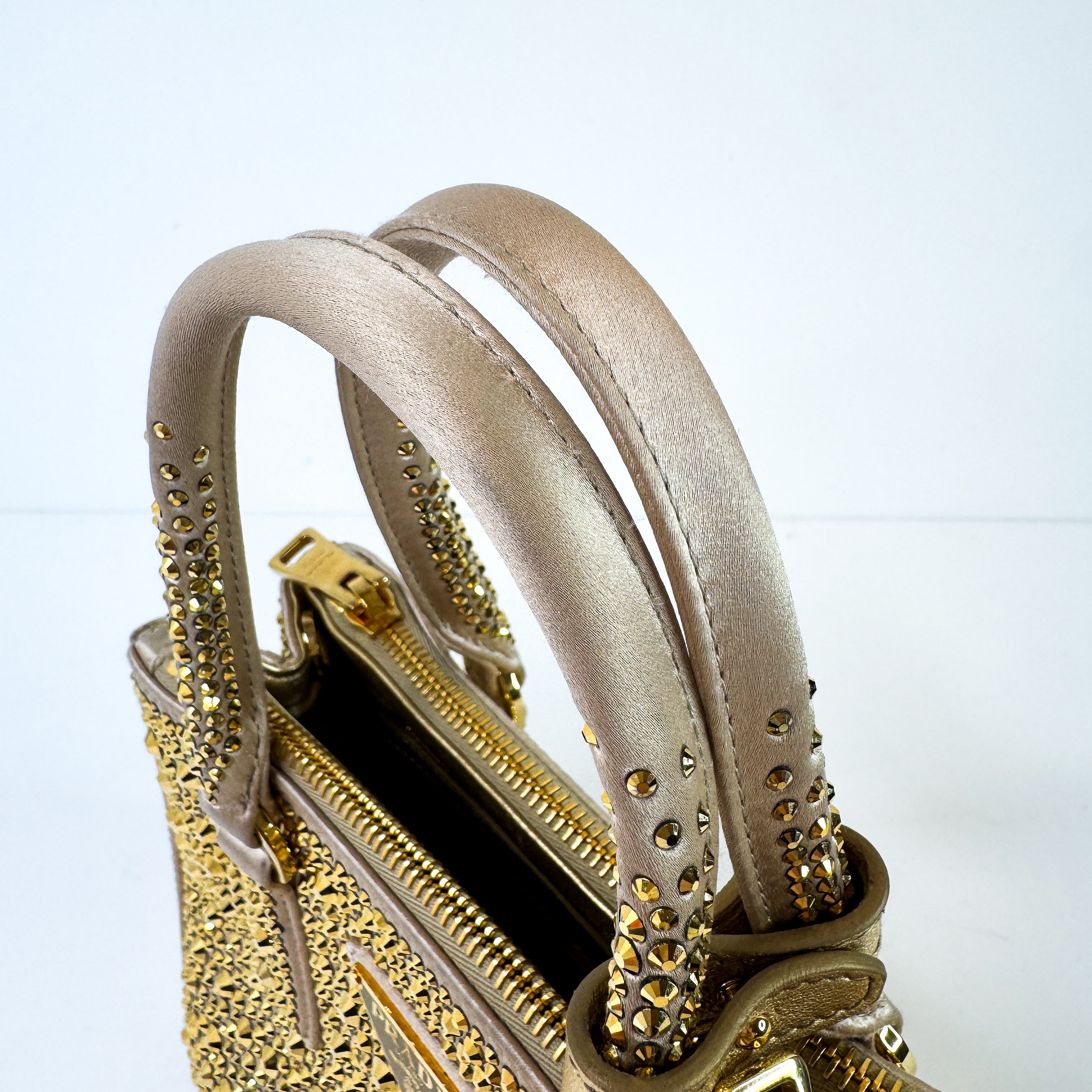 Pre-Owned Authentic Prada Galleria Satin Mini Gold Crossbody Bag with Crystals
