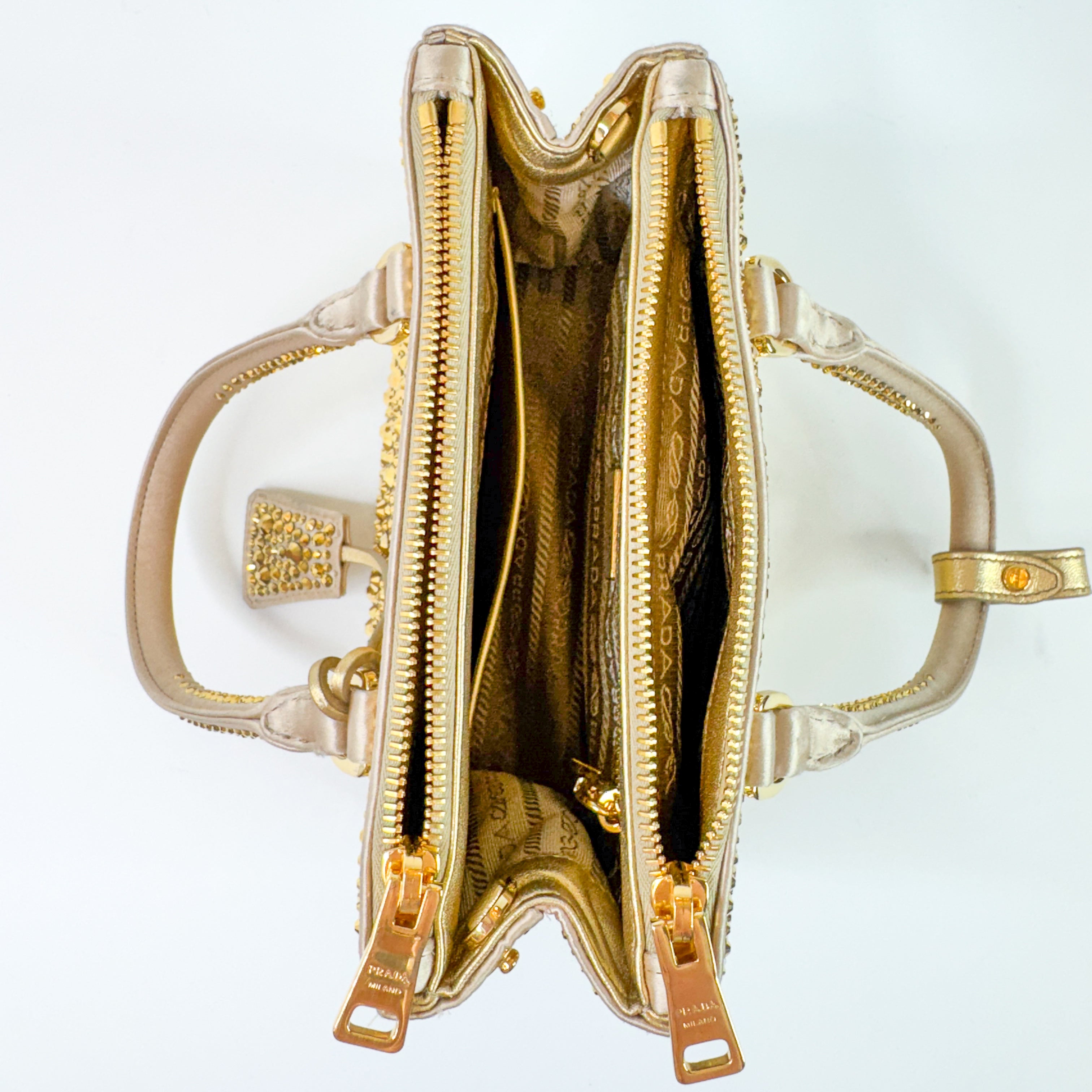 Pre-Owned Authentic Prada Galleria Satin Mini Gold Crossbody Bag with Crystals