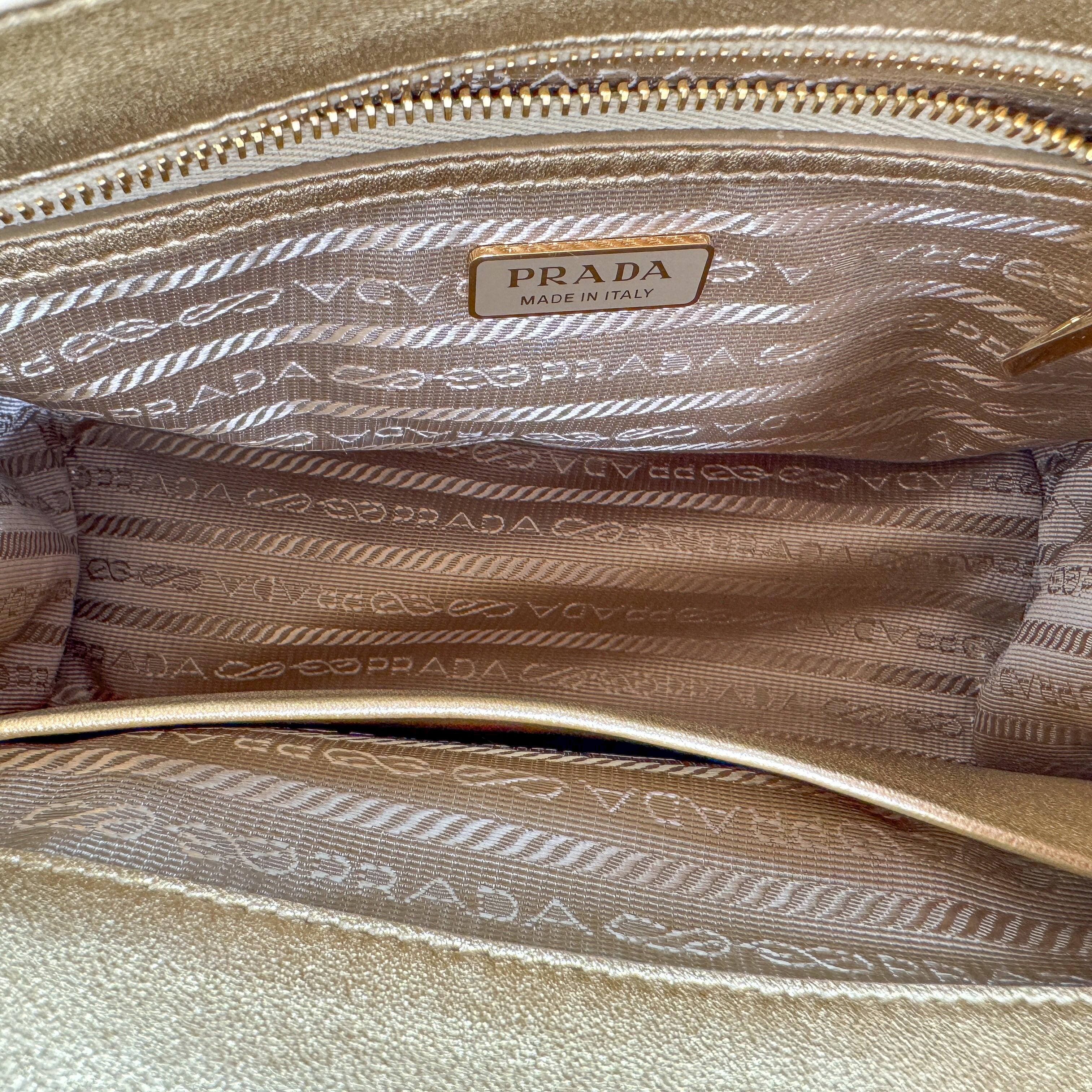 Pre-Owned Authentic Prada Galleria Satin Mini Gold Crossbody Bag with Crystals