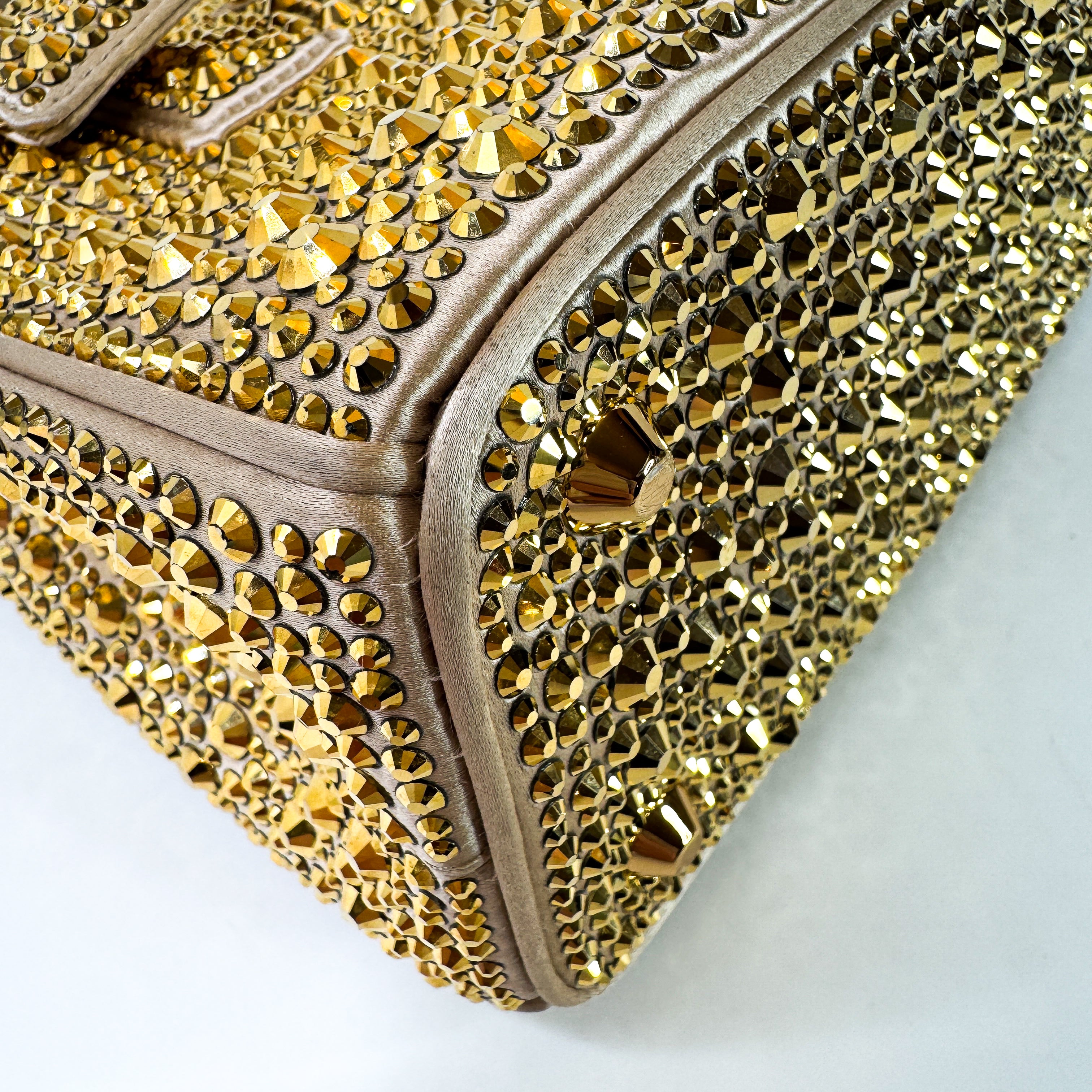 Pre-Owned Authentic Prada Galleria Satin Mini Gold Crossbody Bag with Crystals