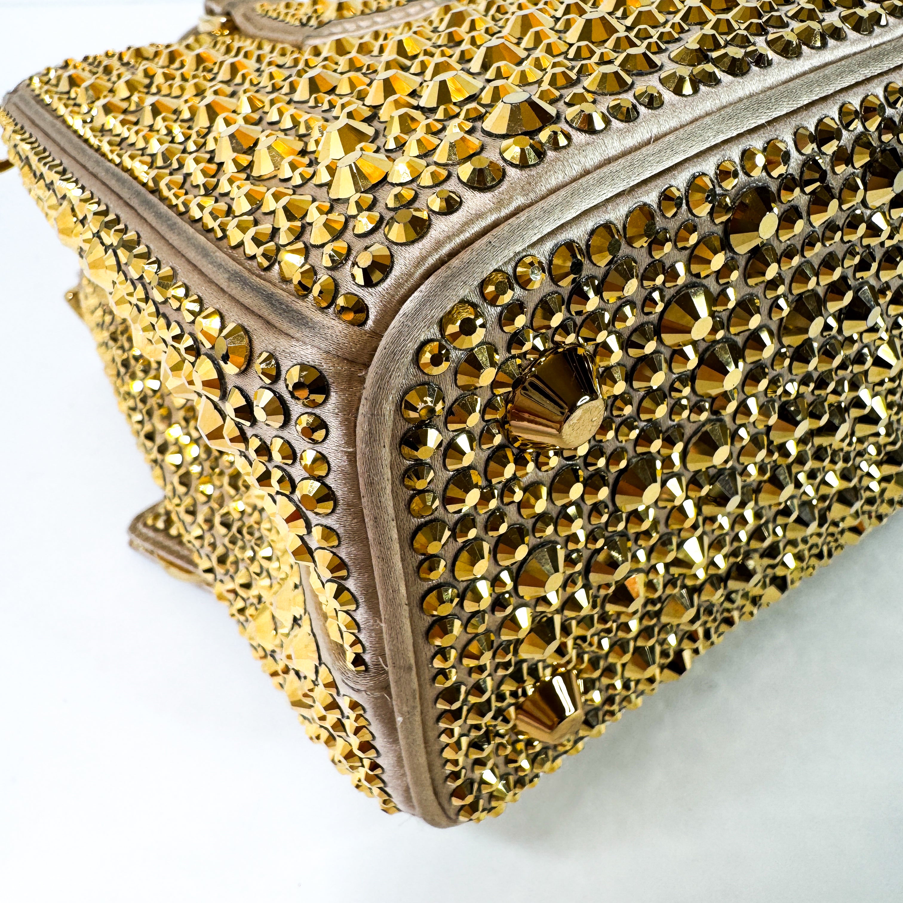 Pre-Owned Authentic Prada Galleria Satin Mini Gold Crossbody Bag with Crystals
