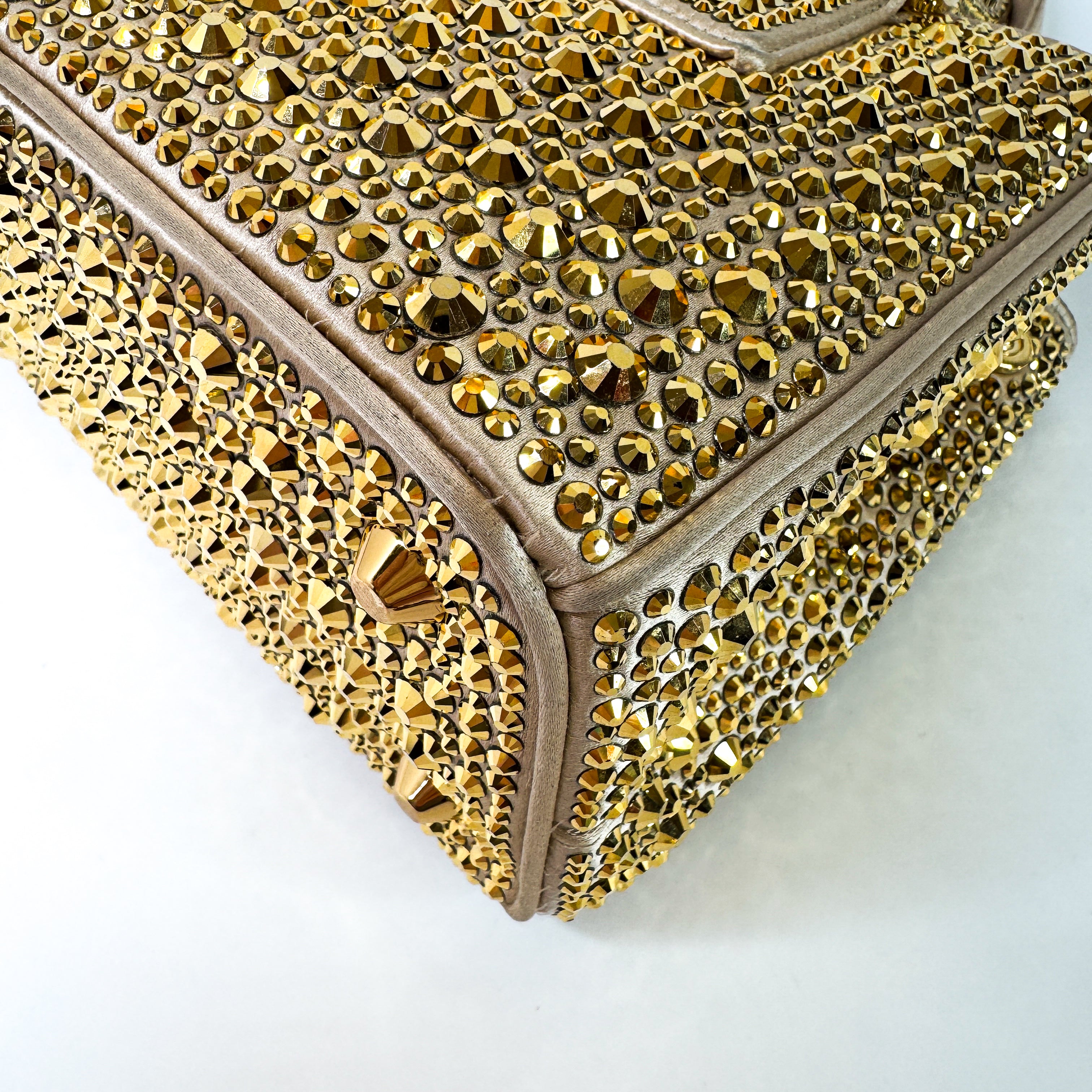 Pre-Owned Authentic Prada Galleria Satin Mini Gold Crossbody Bag with Crystals