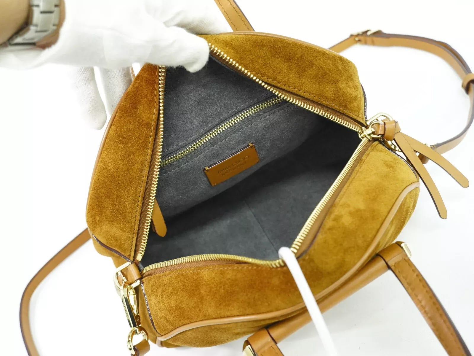 Pre-Owned Authentic Jimmy Choo Varenne Tan Suede Bowling Bag Crossbody with Gold Hardware