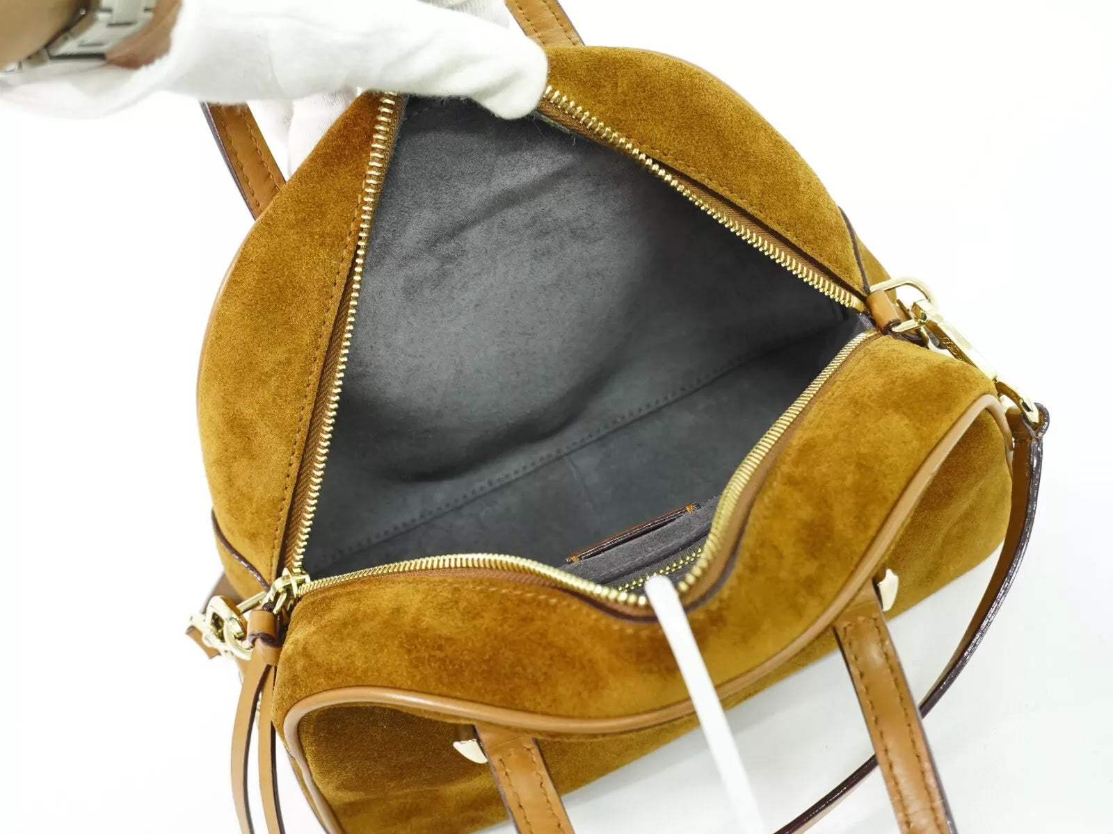 Pre-Owned Authentic Jimmy Choo Varenne Tan Suede Bowling Bag Crossbody with Gold Hardware