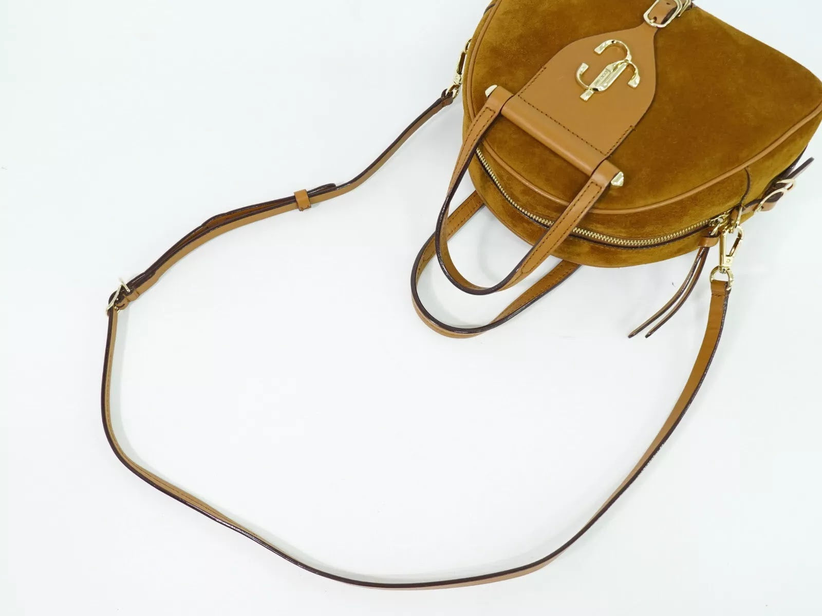 Pre-Owned Authentic Jimmy Choo Varenne Tan Suede Bowling Bag Crossbody with Gold Hardware