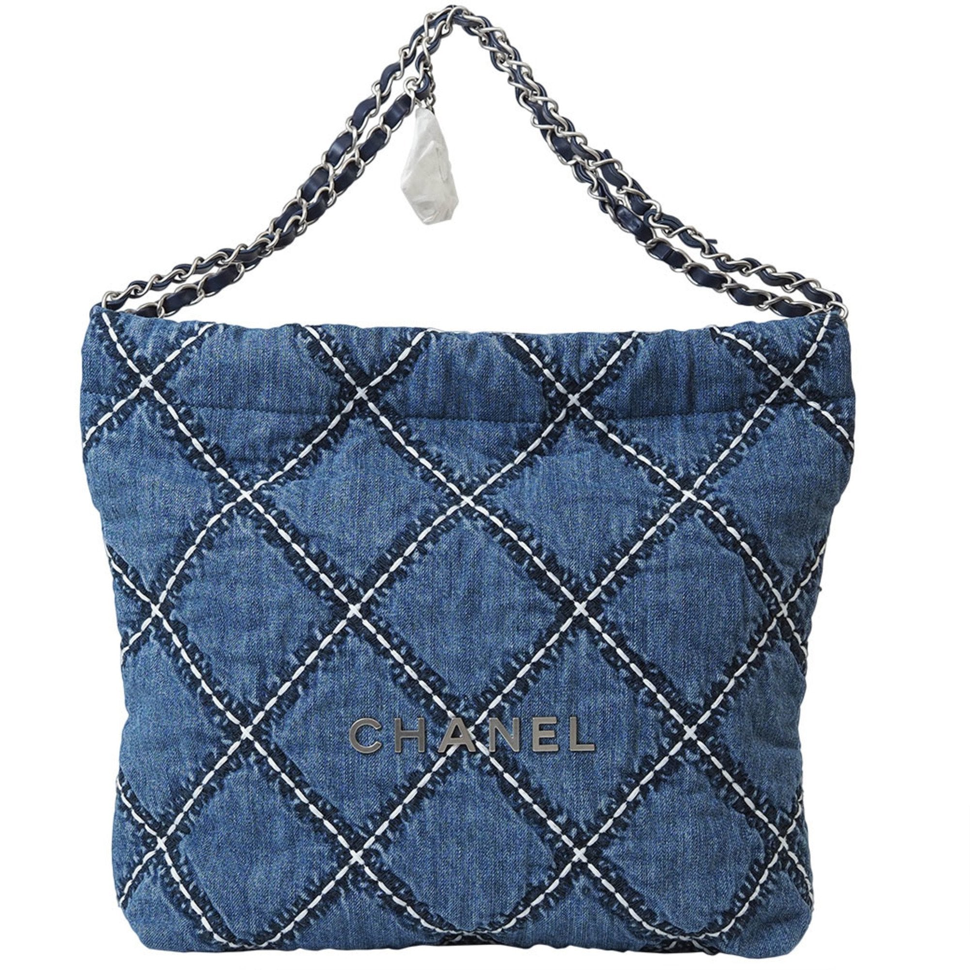 Chanel Chanel22 Small Handbag Blue As3260 Women's Cotton Denim Chain Chanel