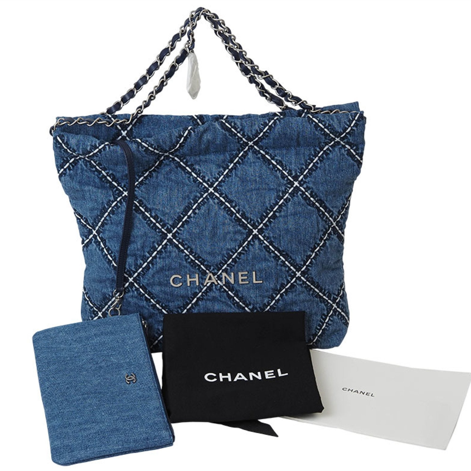 Chanel Chanel22 Small Handbag Blue As3260 Women's Cotton Denim Chain Chanel