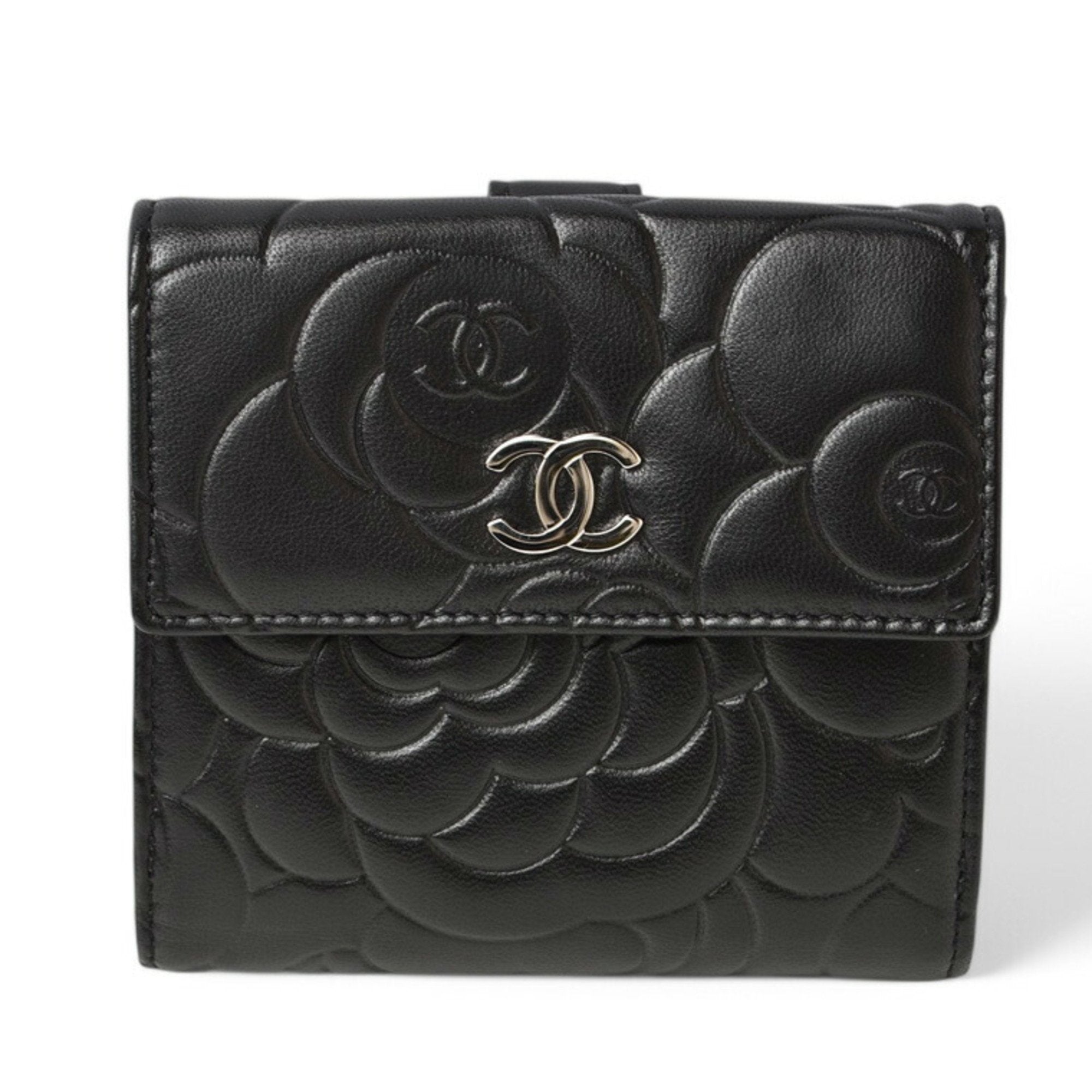 Chanel Wallet Chanel Folding Double Camellia Embossed Black Silver 7422