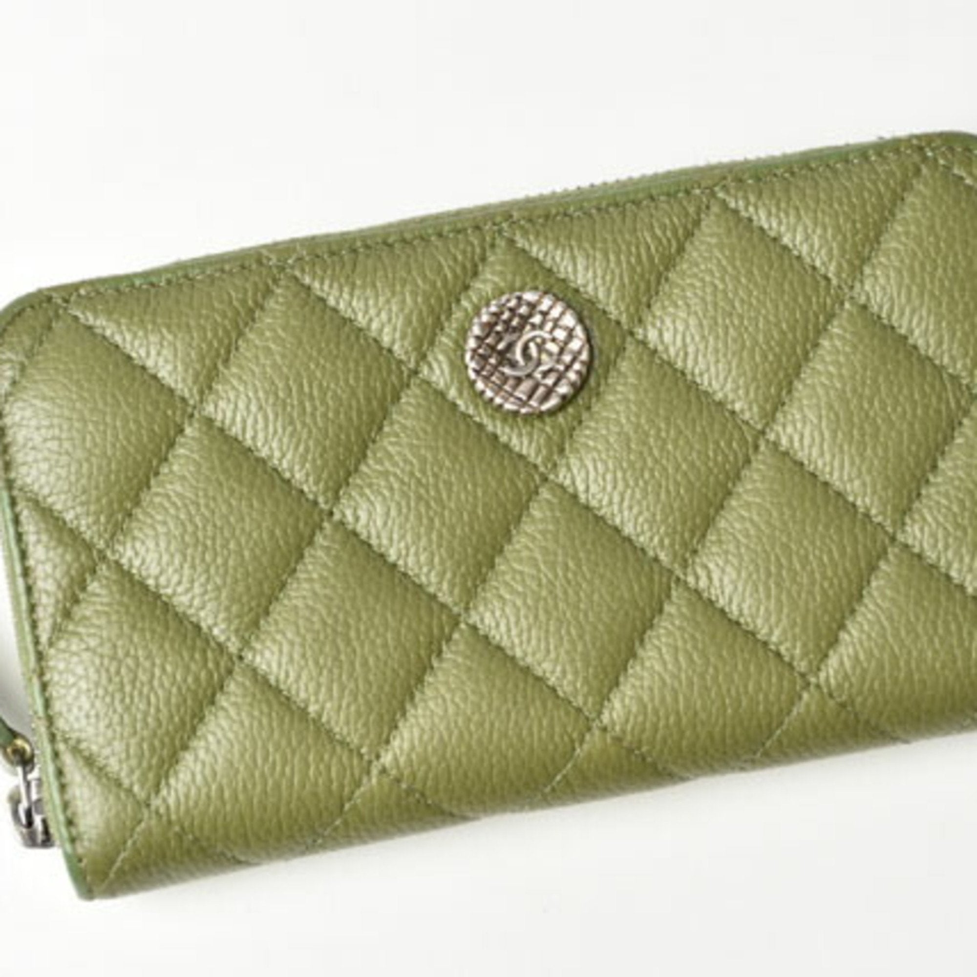 Chanel Medium Quilted Matelasse Caviar Wallet Moss Green