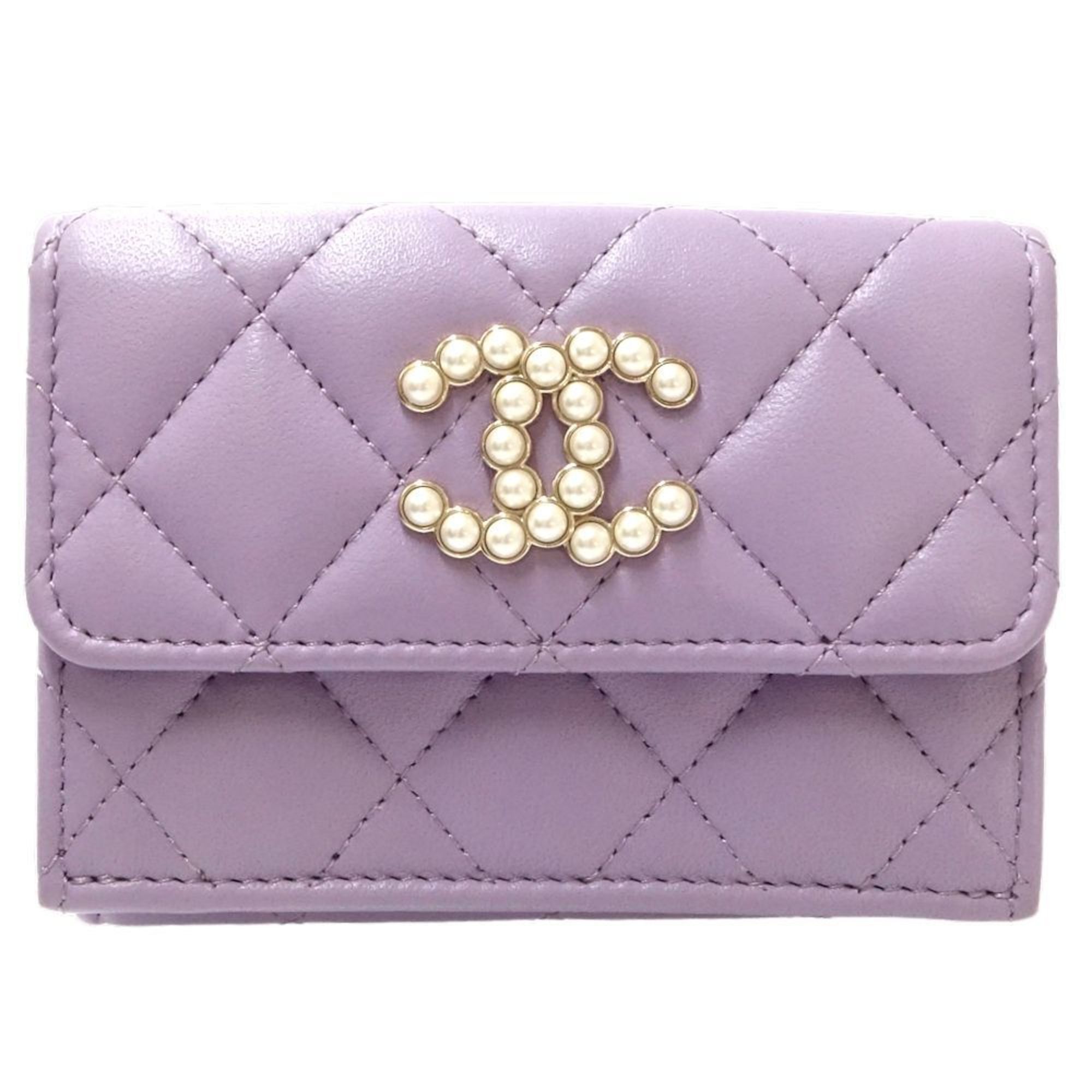 Chanel Bi Fold Wallet Ap3808 Small Flap Cc Pearl Coco Mark Lambskin Light Purple 180546