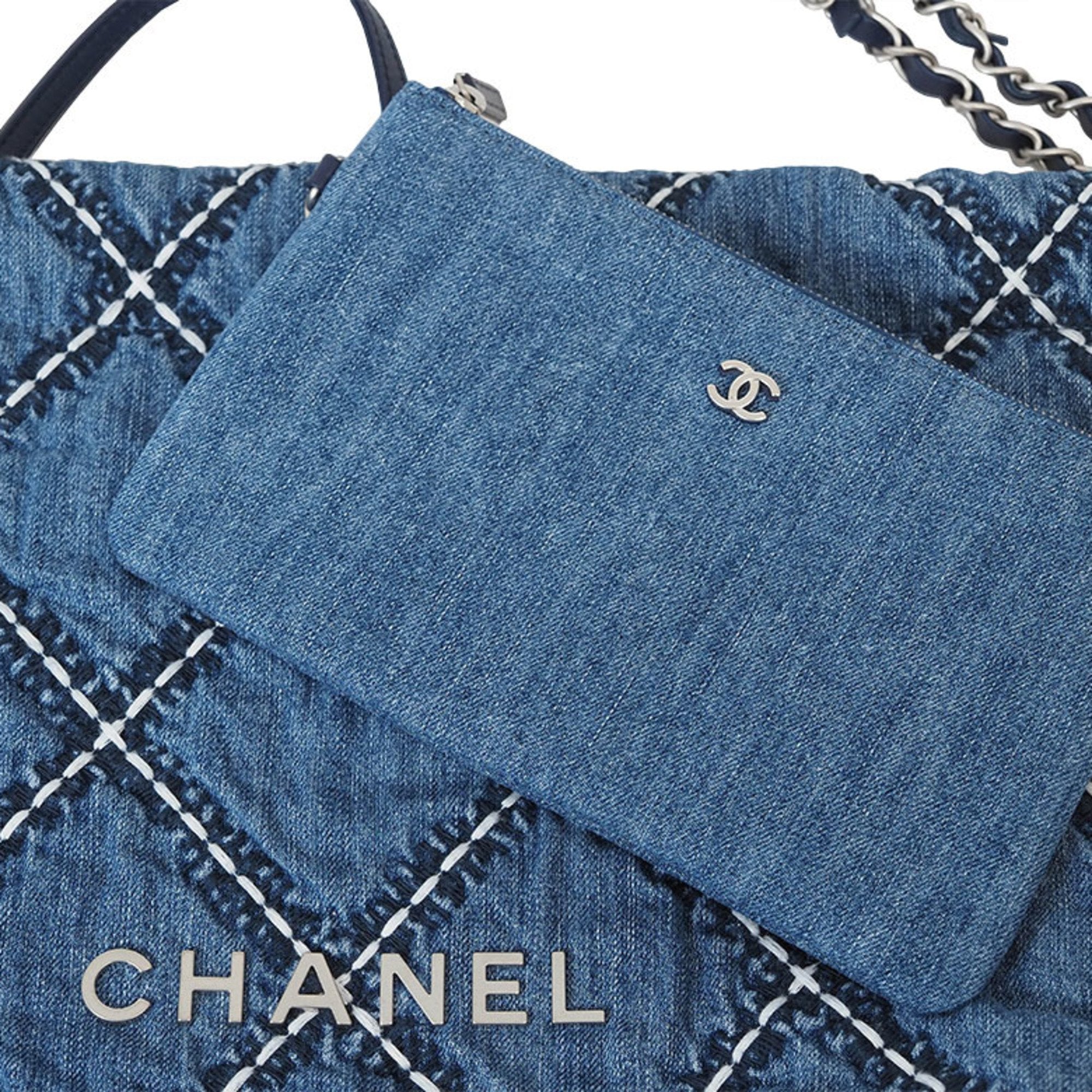 Chanel Chanel22 Small Handbag Blue As3260 Women's Cotton Denim Chain Chanel