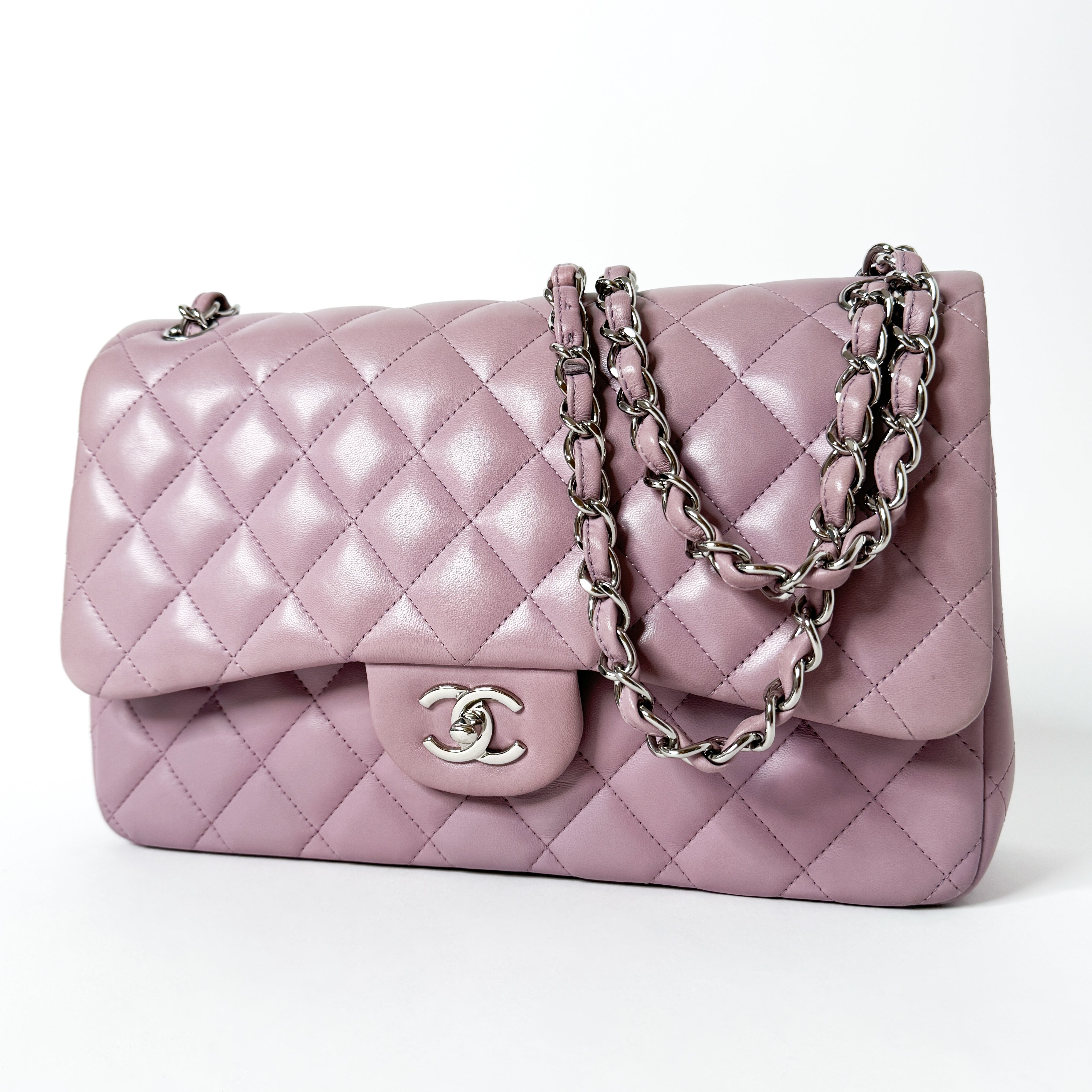 Pre-Owned Authentic Chanel Lavender Purple Double Flap Jumbo Lambskin Leather Crossbody Bag