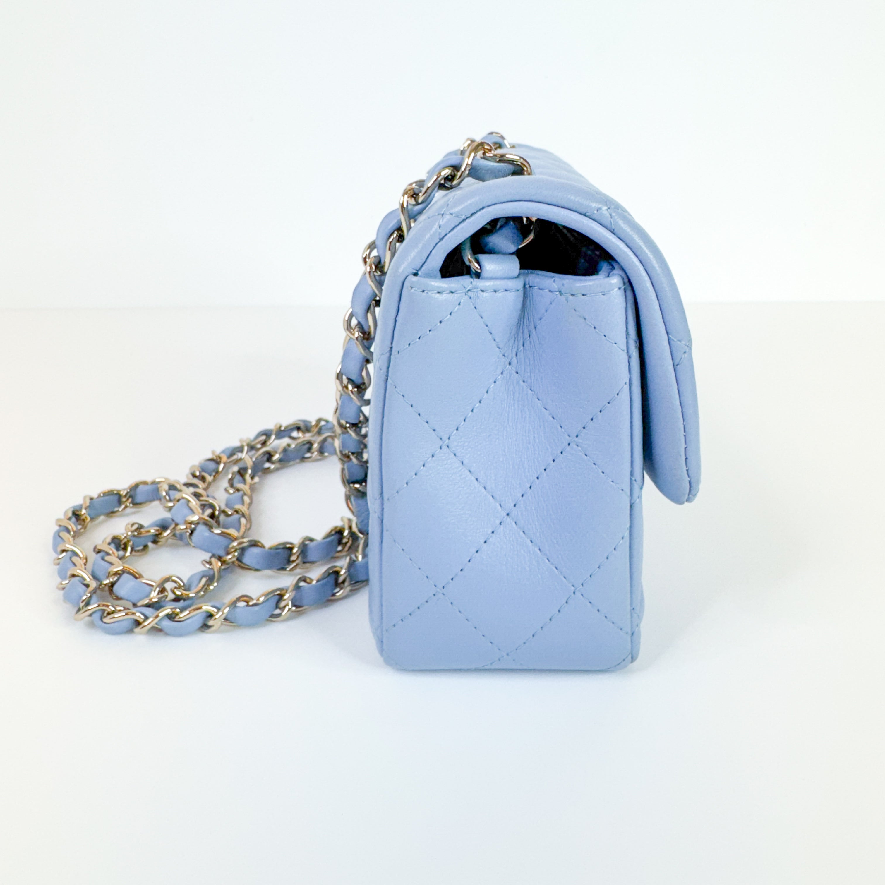 Pre-Owned Authentic 2020 Chanel Lambskin Mini Rectangle Light Baby Blue Crossbody Bag with Gold Hardware