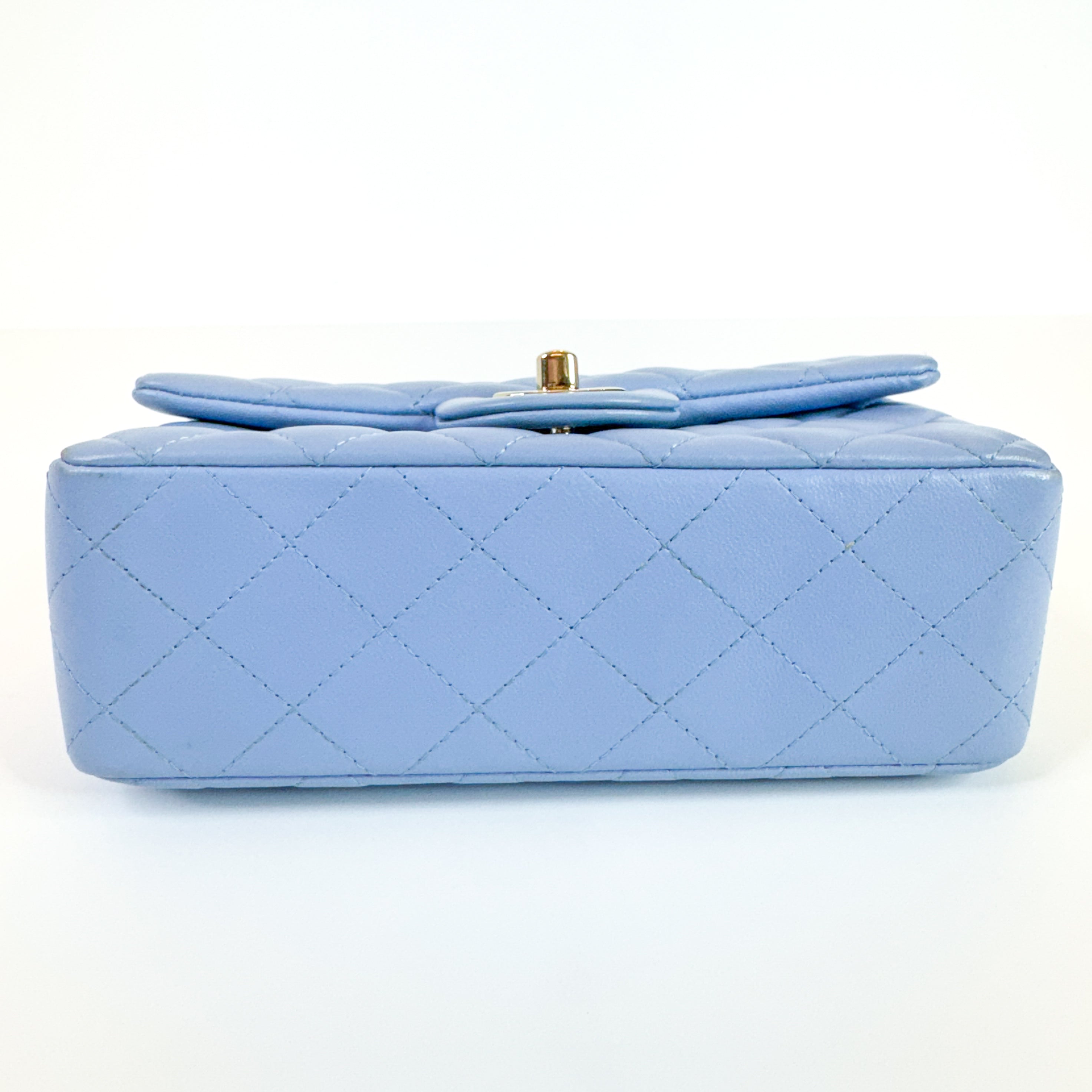 Pre-Owned Authentic 2020 Chanel Lambskin Mini Rectangle Light Baby Blue Crossbody Bag with Gold Hardware