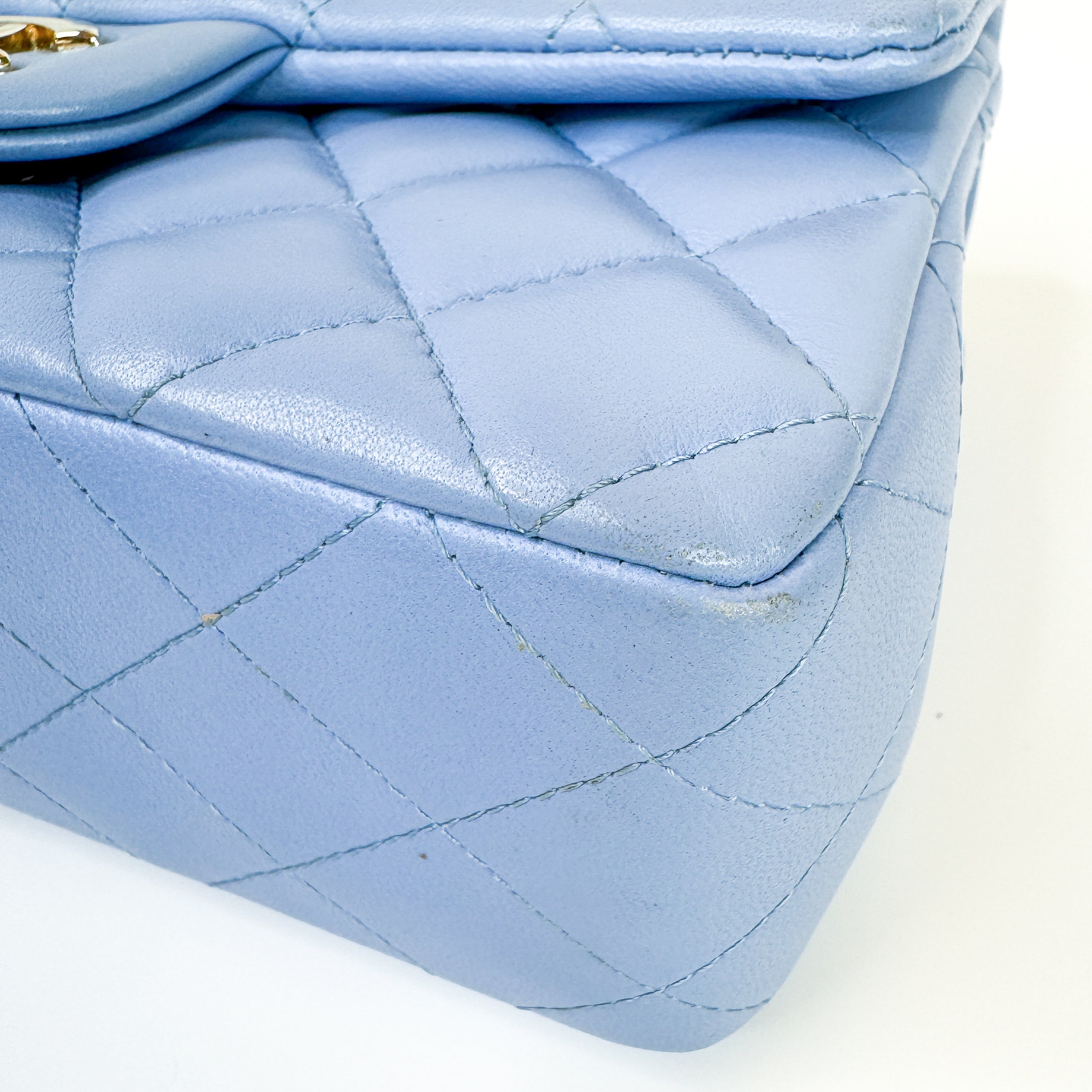 Pre-Owned Authentic 2020 Chanel Lambskin Mini Rectangle Light Baby Blue Crossbody Bag with Gold Hardware