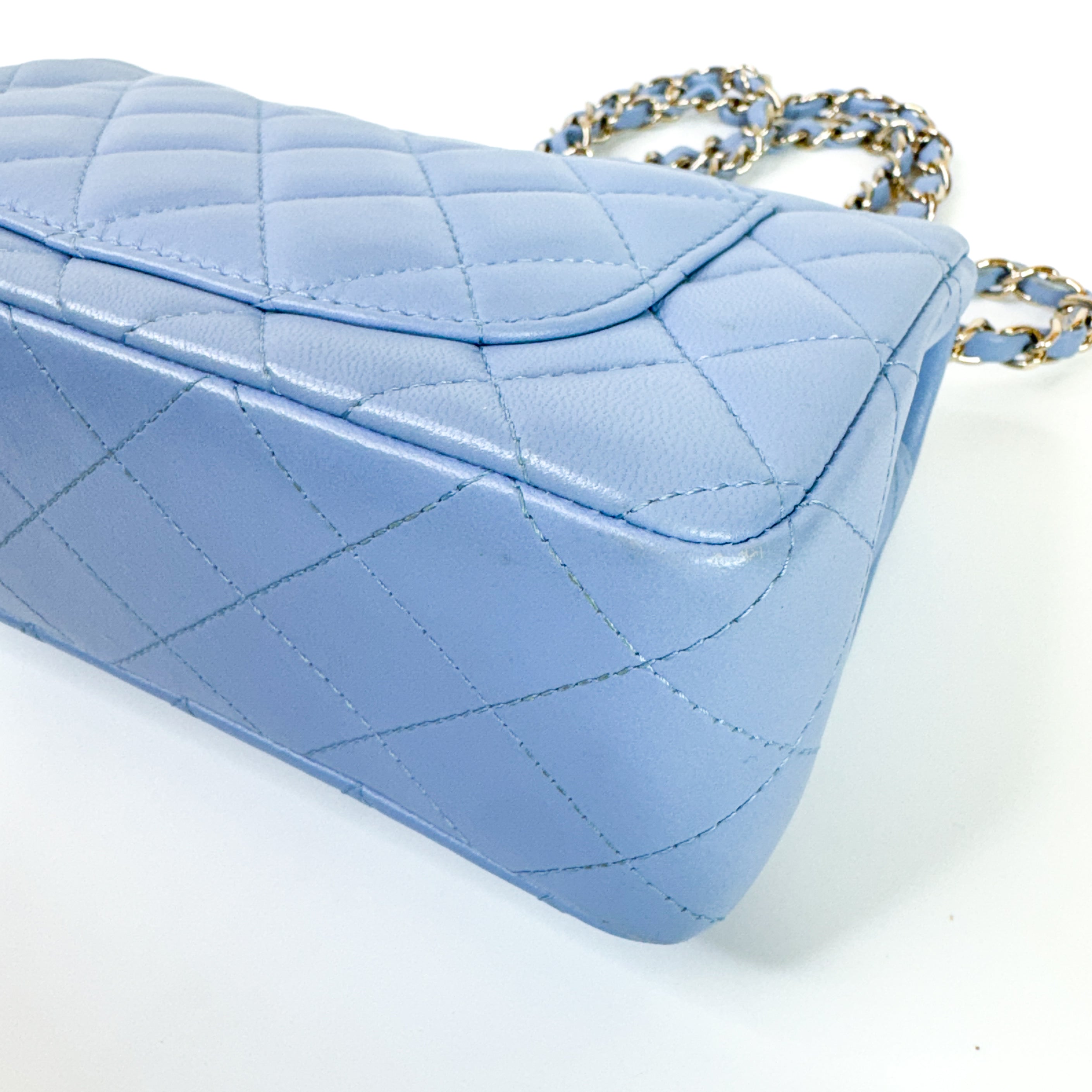 Pre-Owned Authentic 2020 Chanel Lambskin Mini Rectangle Light Baby Blue Crossbody Bag with Gold Hardware