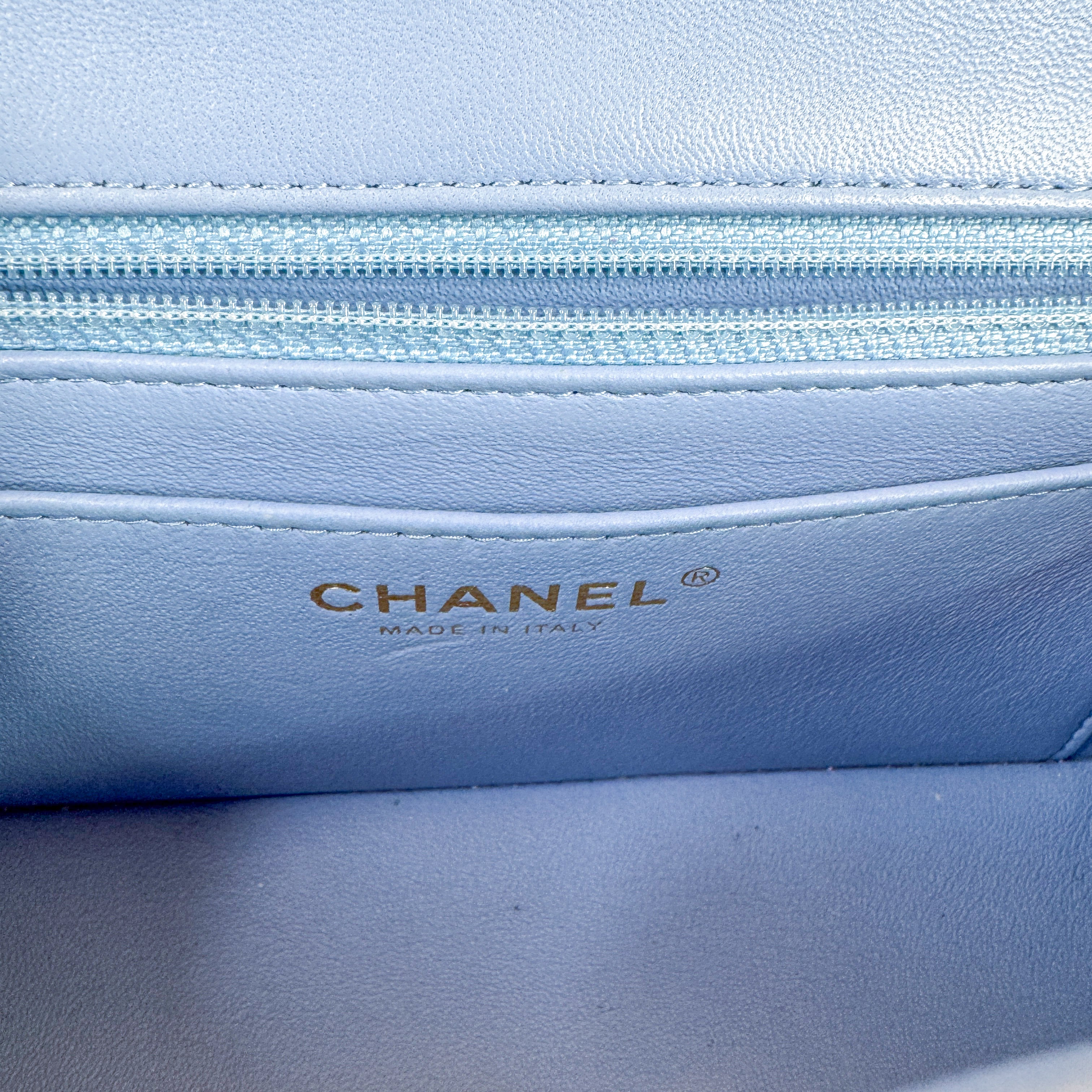 Pre-Owned Authentic 2020 Chanel Lambskin Mini Rectangle Light Baby Blue Crossbody Bag with Gold Hardware