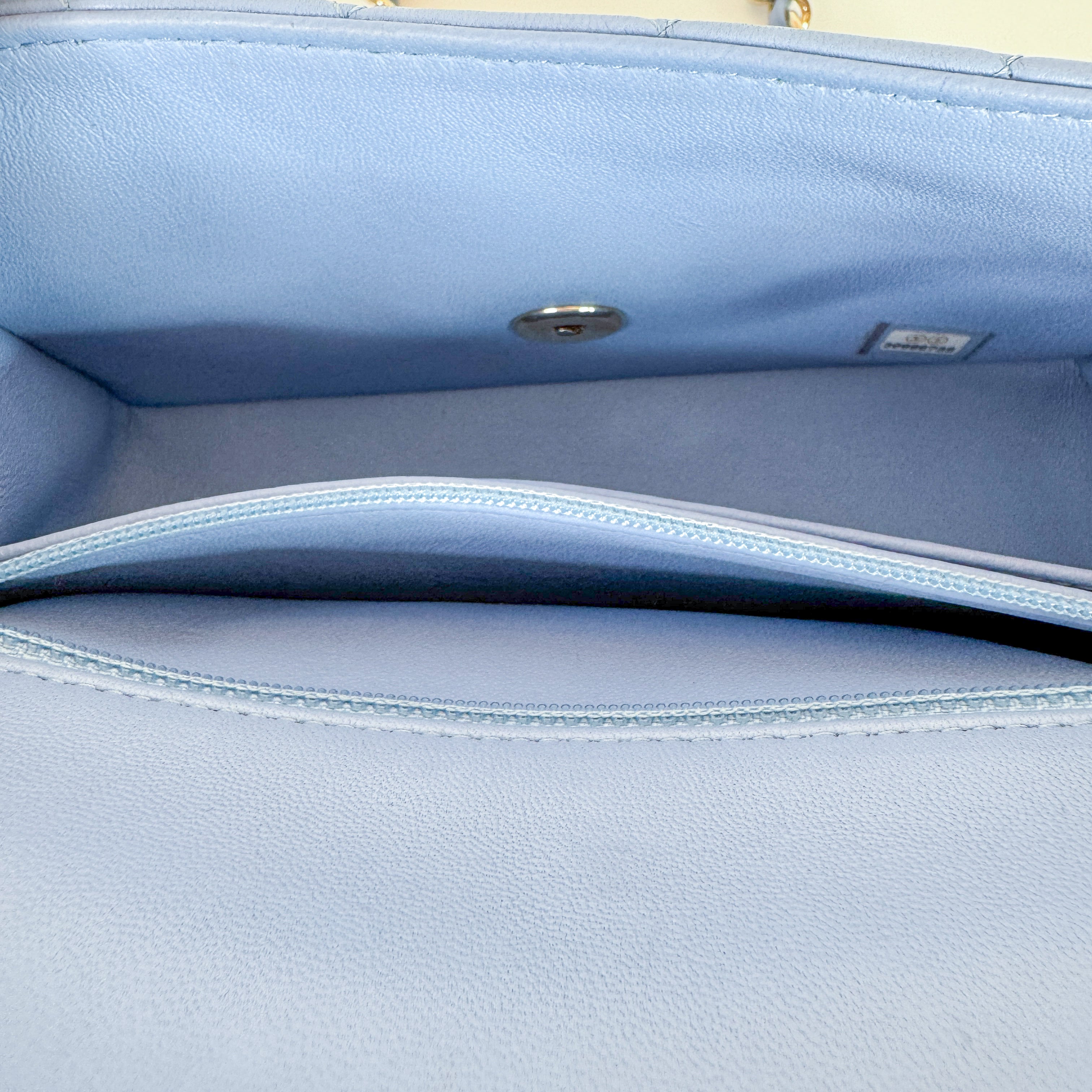 Pre-Owned Authentic 2020 Chanel Lambskin Mini Rectangle Light Baby Blue Crossbody Bag with Gold Hardware