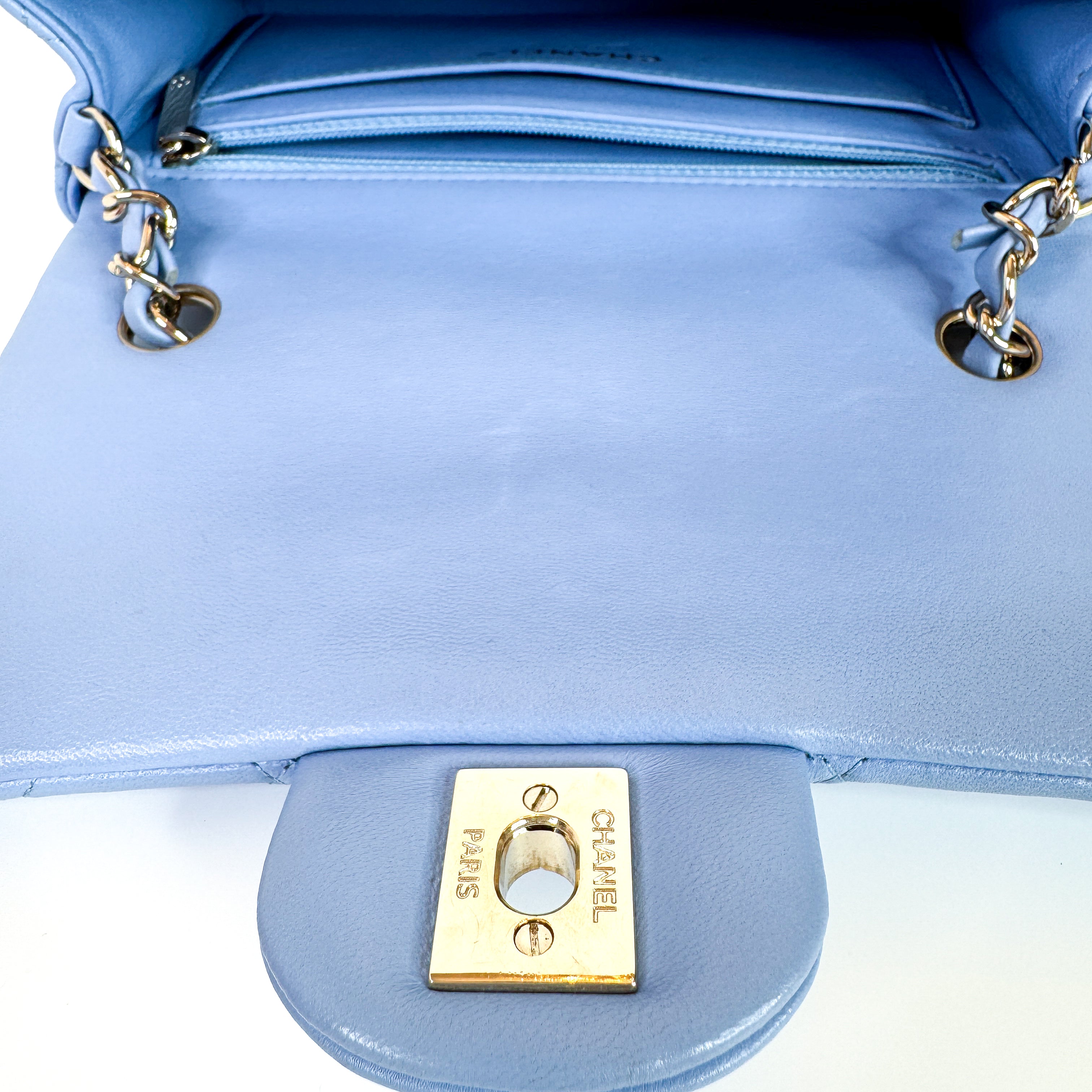 Pre-Owned Authentic 2020 Chanel Lambskin Mini Rectangle Light Baby Blue Crossbody Bag with Gold Hardware