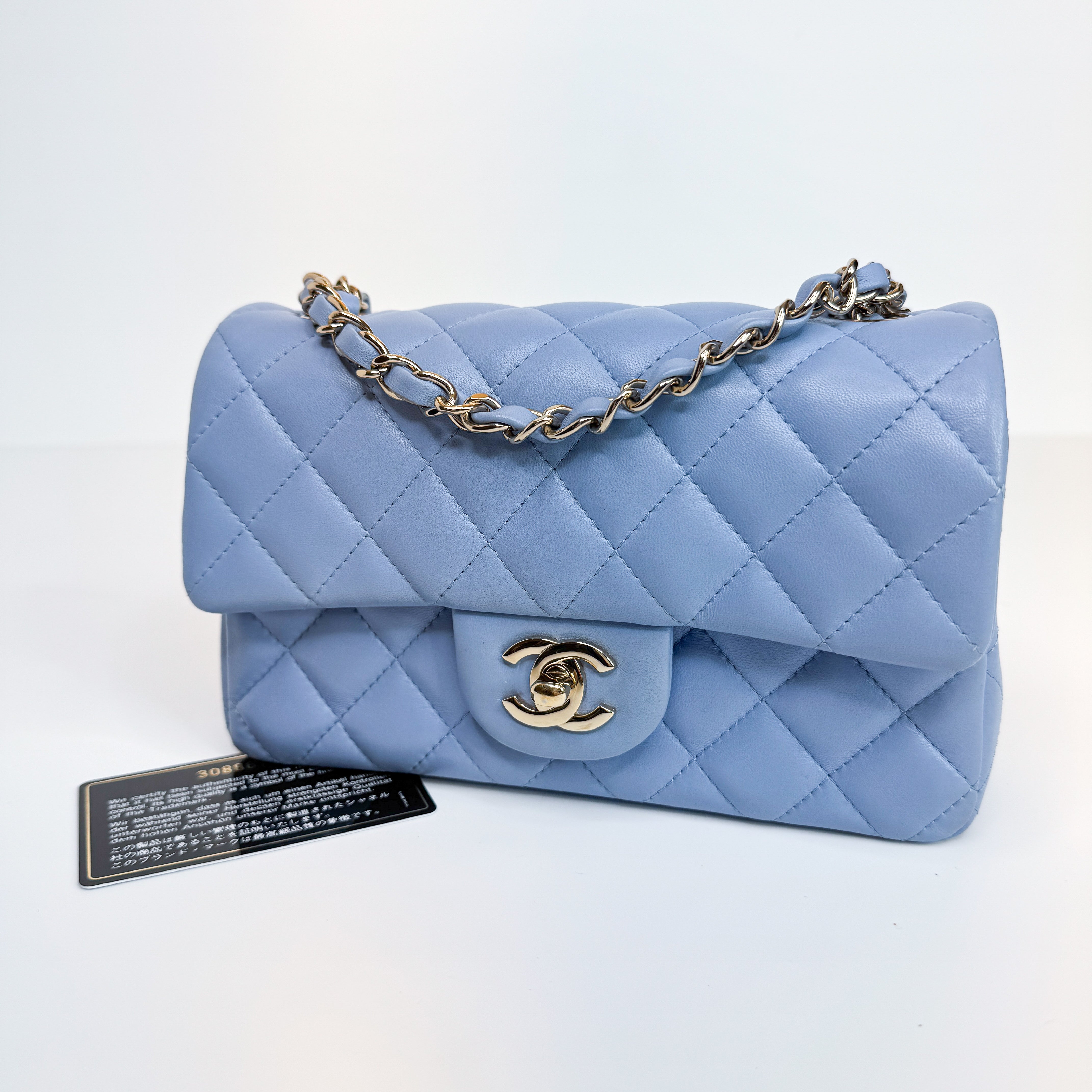Pre-Owned Authentic 2020 Chanel Lambskin Mini Rectangle Light Baby Blue Crossbody Bag with Gold Hardware