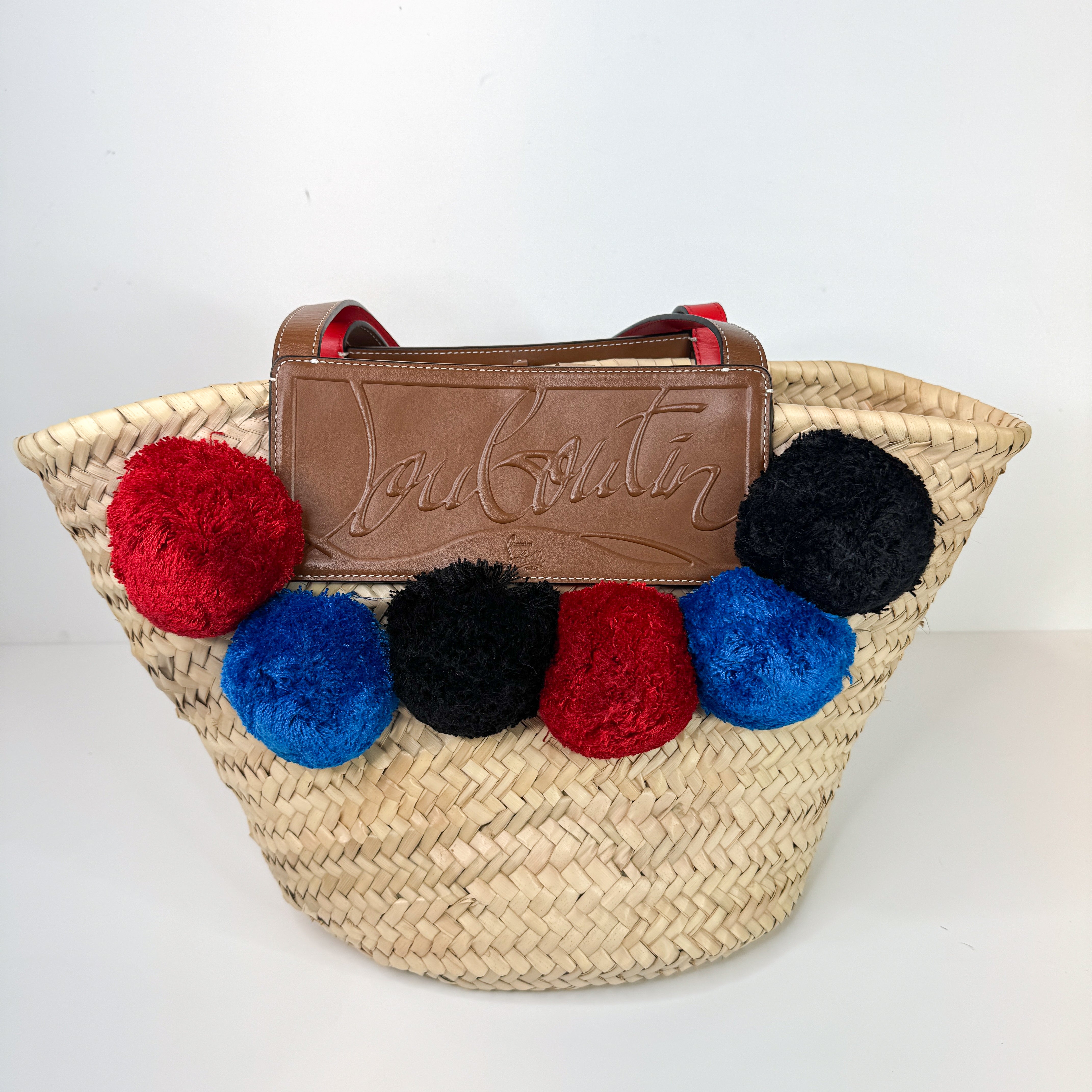 Pre-Owned Authentic Louboutin Raffia Loubishore Tan/Natural Straw Palm Pompom Basket Bag