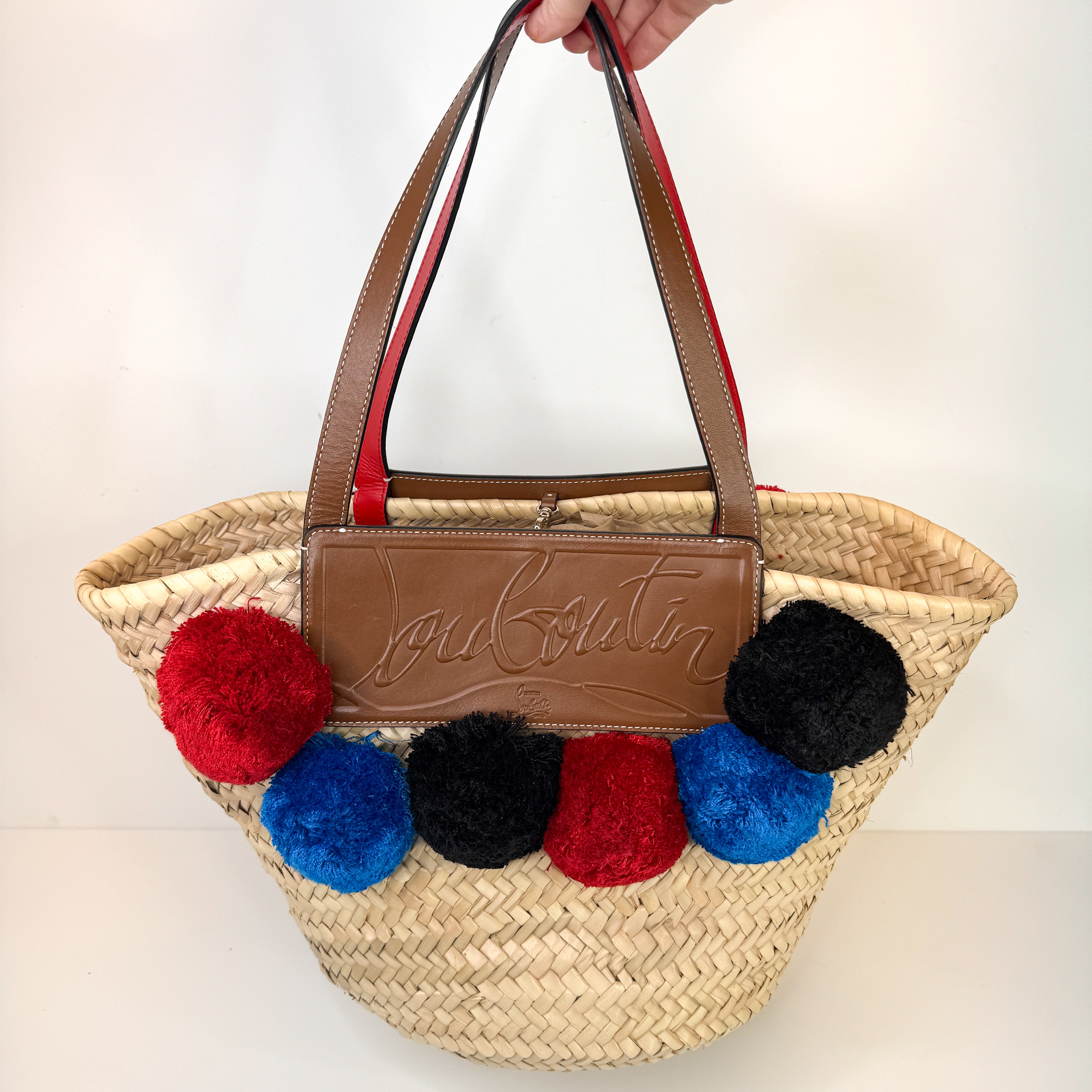 Pre-Owned Authentic Louboutin Raffia Loubishore Tan/Natural Straw Palm Pompom Basket Bag