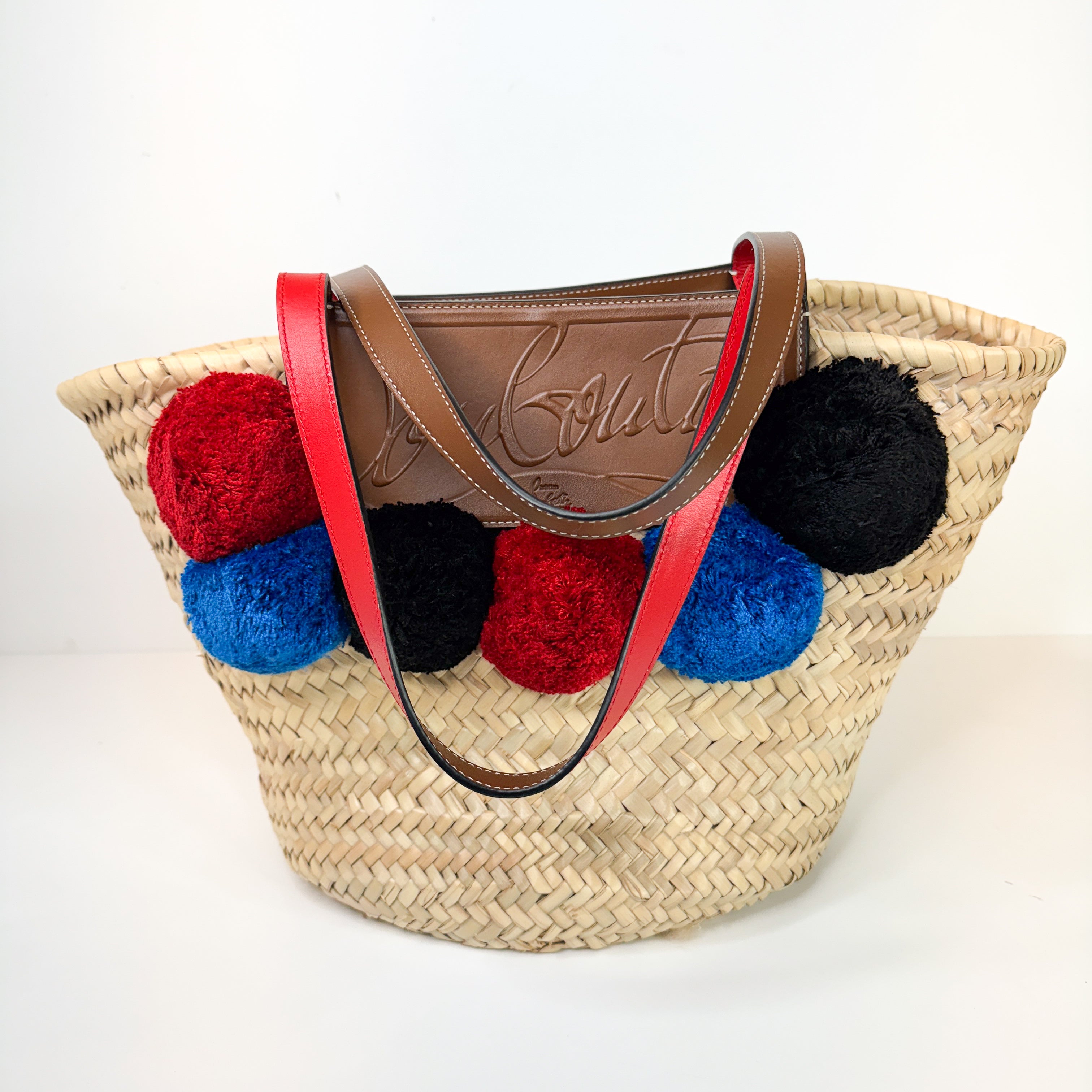 Pre-Owned Authentic Louboutin Raffia Loubishore Tan/Natural Straw Palm Pompom Basket Bag