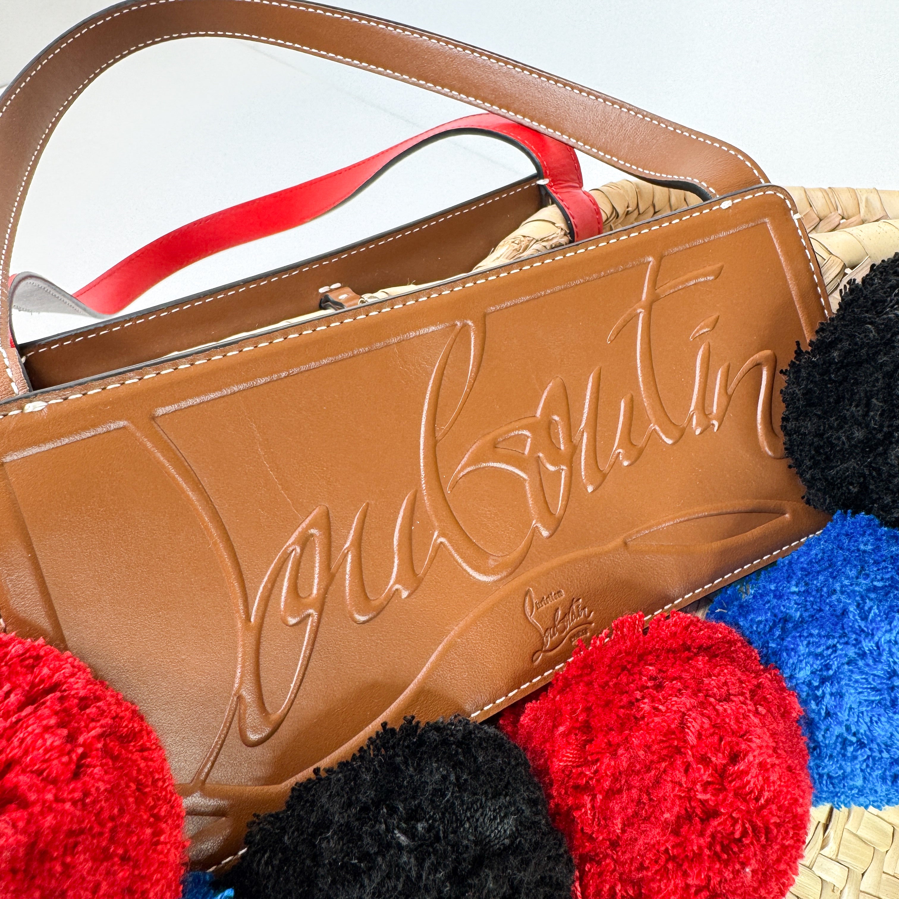 Pre-Owned Authentic Louboutin Raffia Loubishore Tan/Natural Straw Palm Pompom Basket Bag