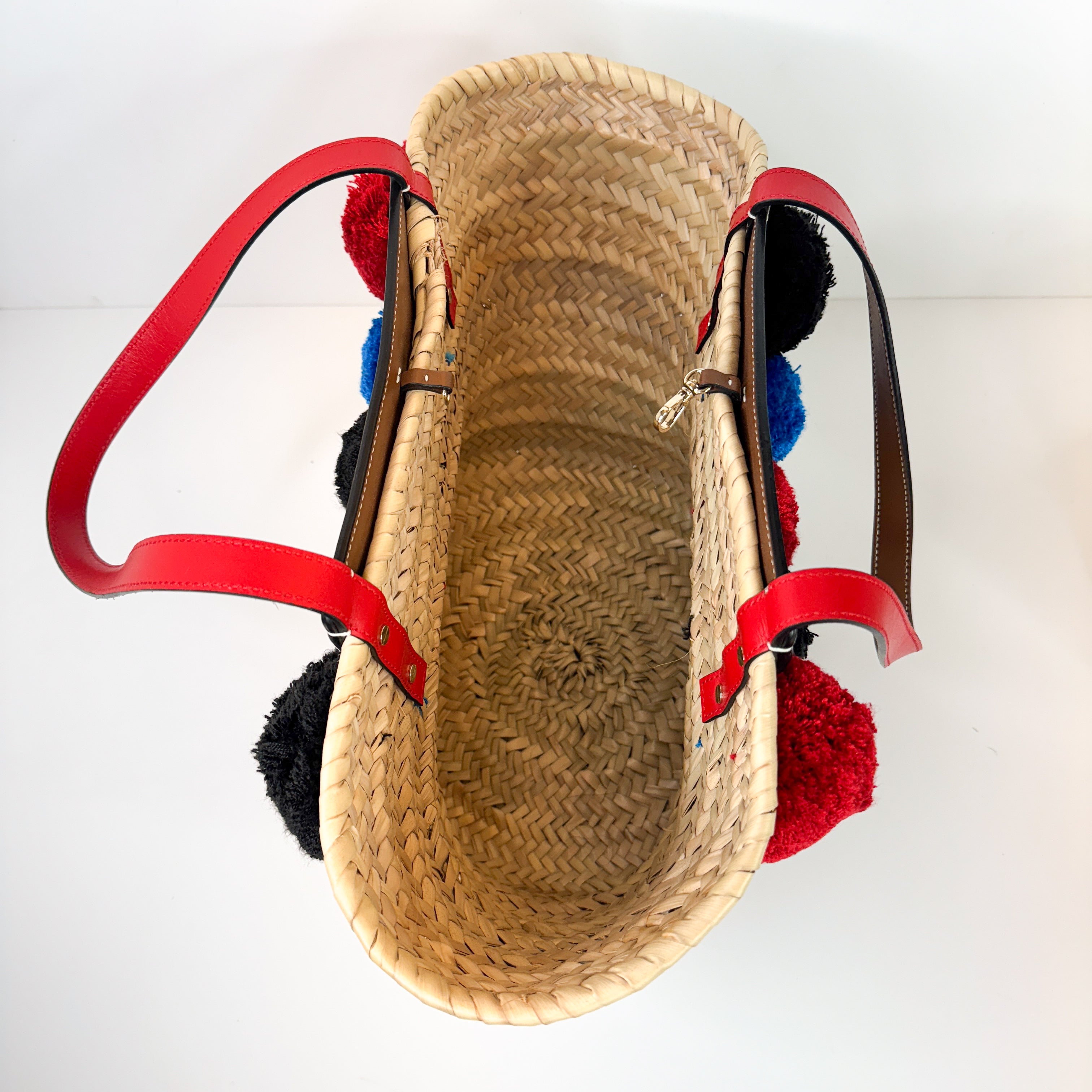 Pre-Owned Authentic Louboutin Raffia Loubishore Tan/Natural Straw Palm Pompom Basket Bag
