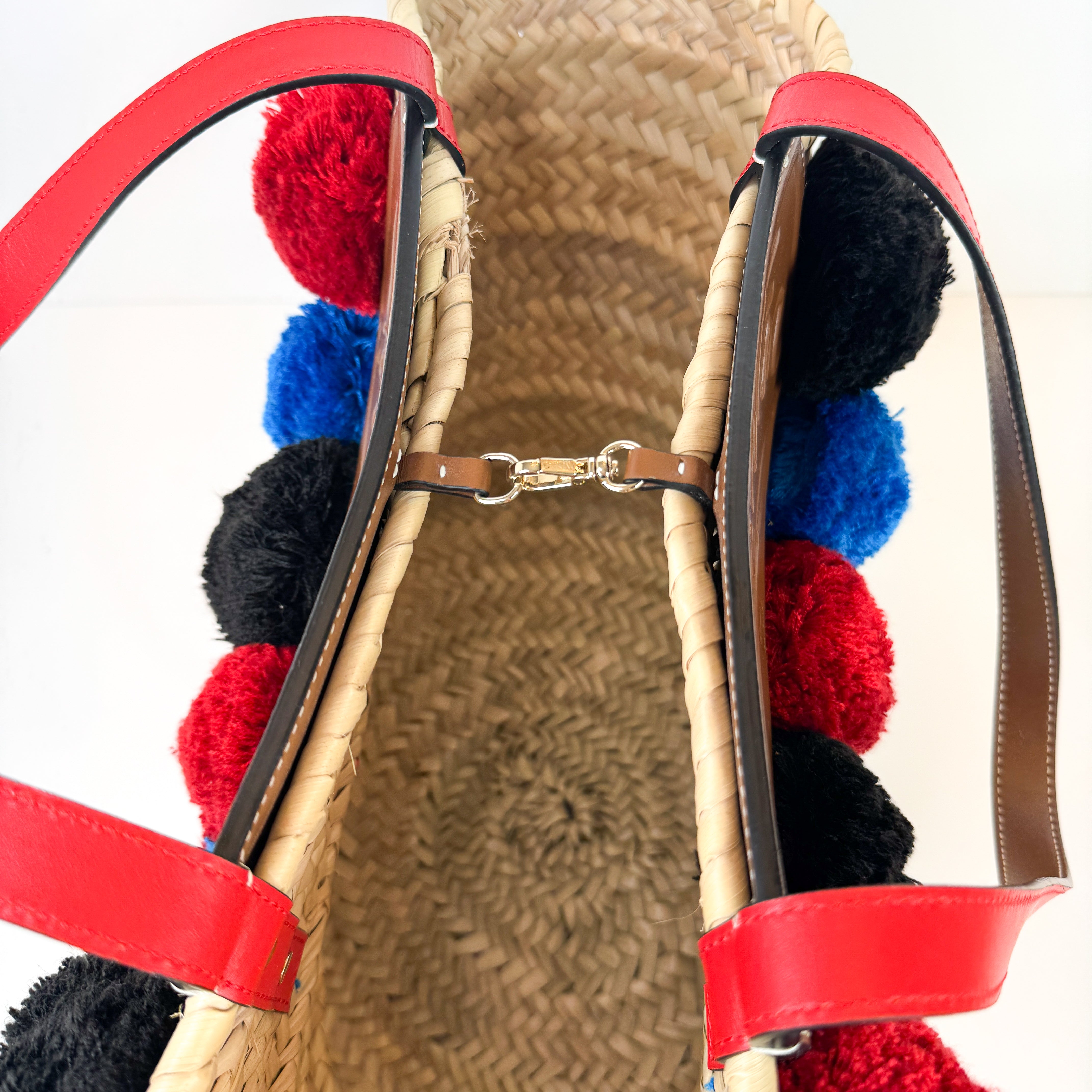 Pre-Owned Authentic Louboutin Raffia Loubishore Tan/Natural Straw Palm Pompom Basket Bag