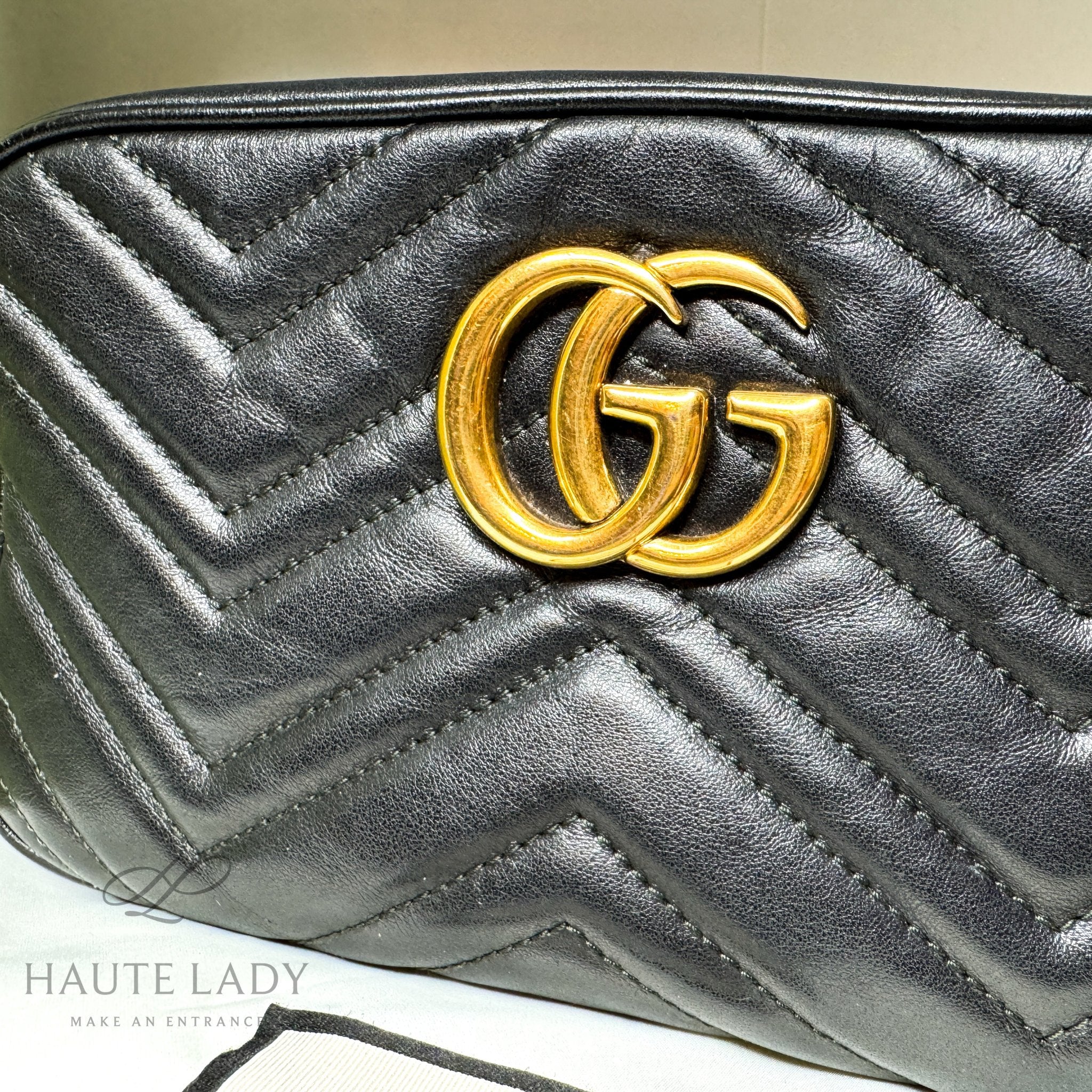 Pre-Owned Gucci Lambskin Leather Crossbody Bag Black Marmont Matelasse Small Camera Bag