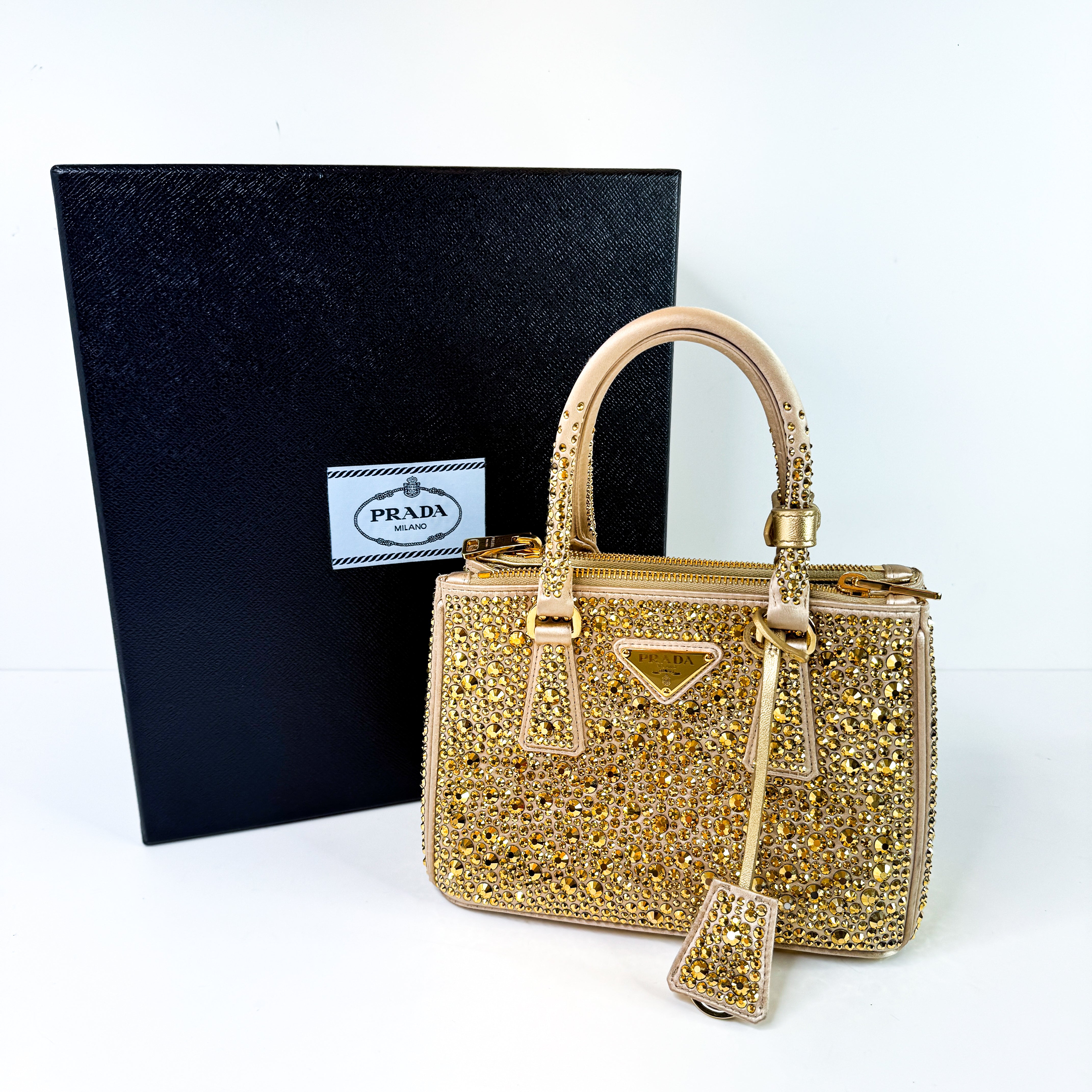 Pre-Owned Authentic Prada Galleria Satin Mini Gold Crossbody Bag with Crystals