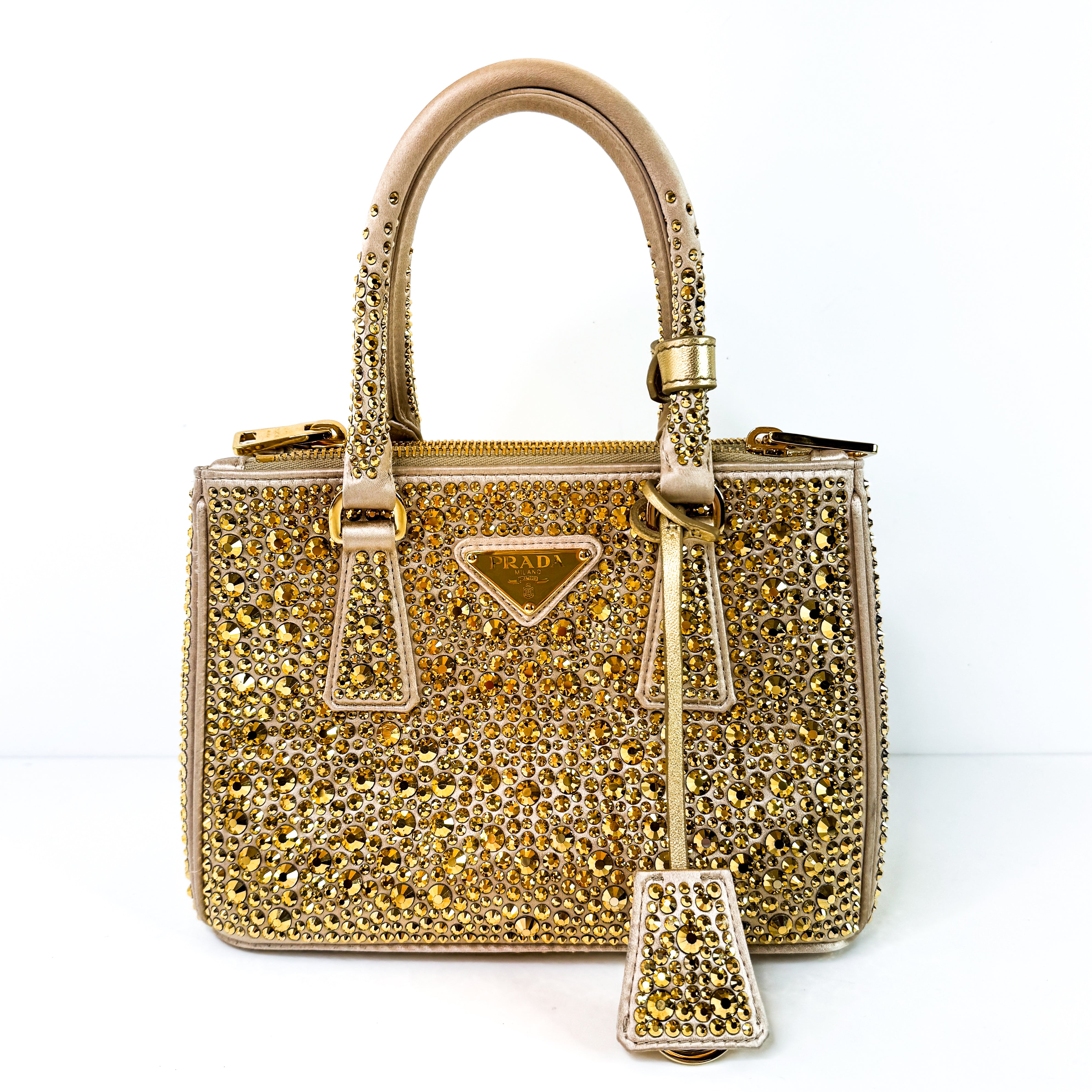 Pre-Owned Authentic Prada Galleria Satin Mini Gold Crossbody Bag with Crystals