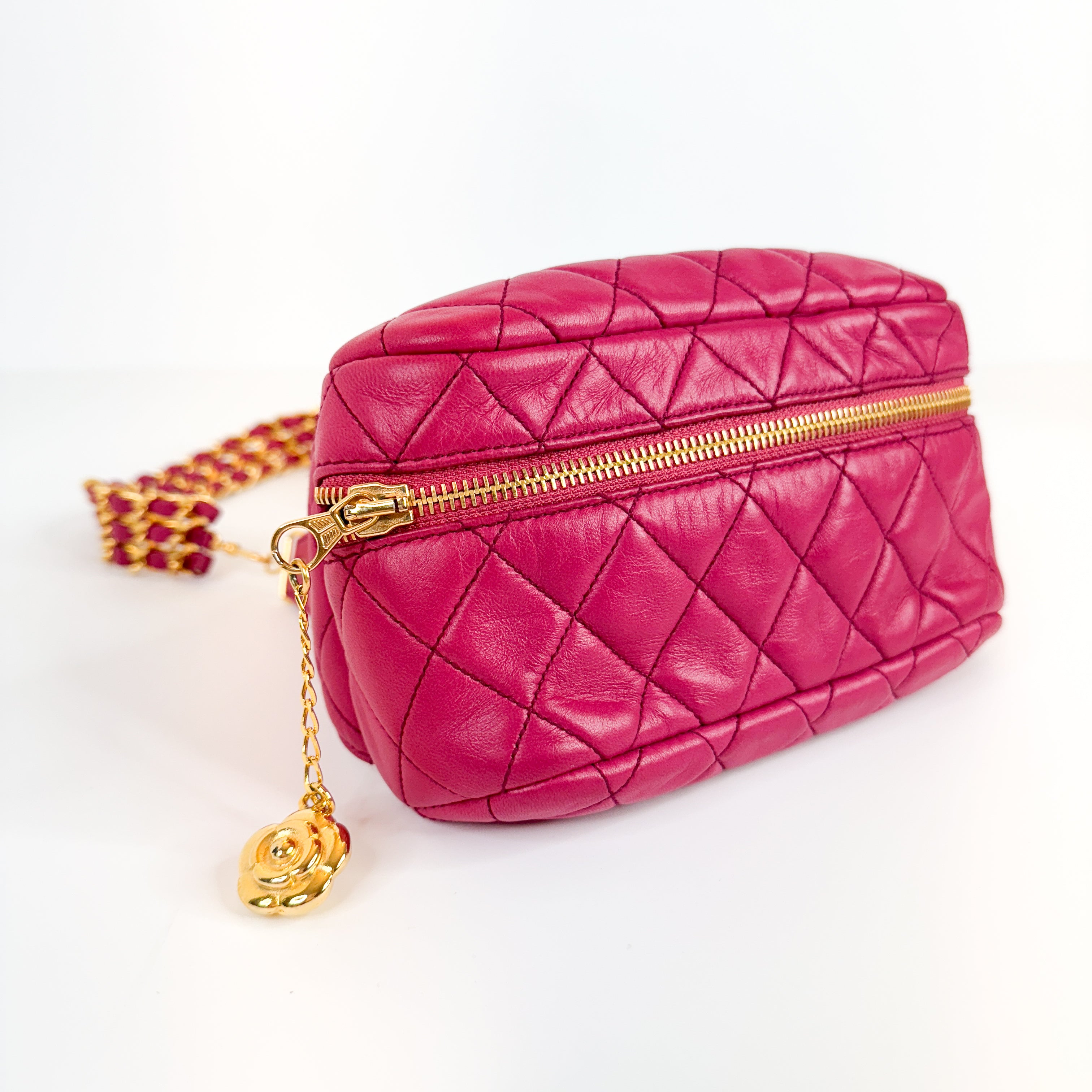 RARE! Pre-Owned Authentic Chanel Hot Pink Vintage Camelia Triple Gold Chain Waist Bag Belt Bag Bum Bag